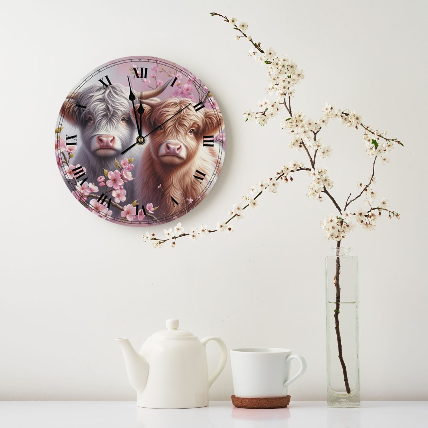 Wooden wall clock - Highland cow cherry blossom motif