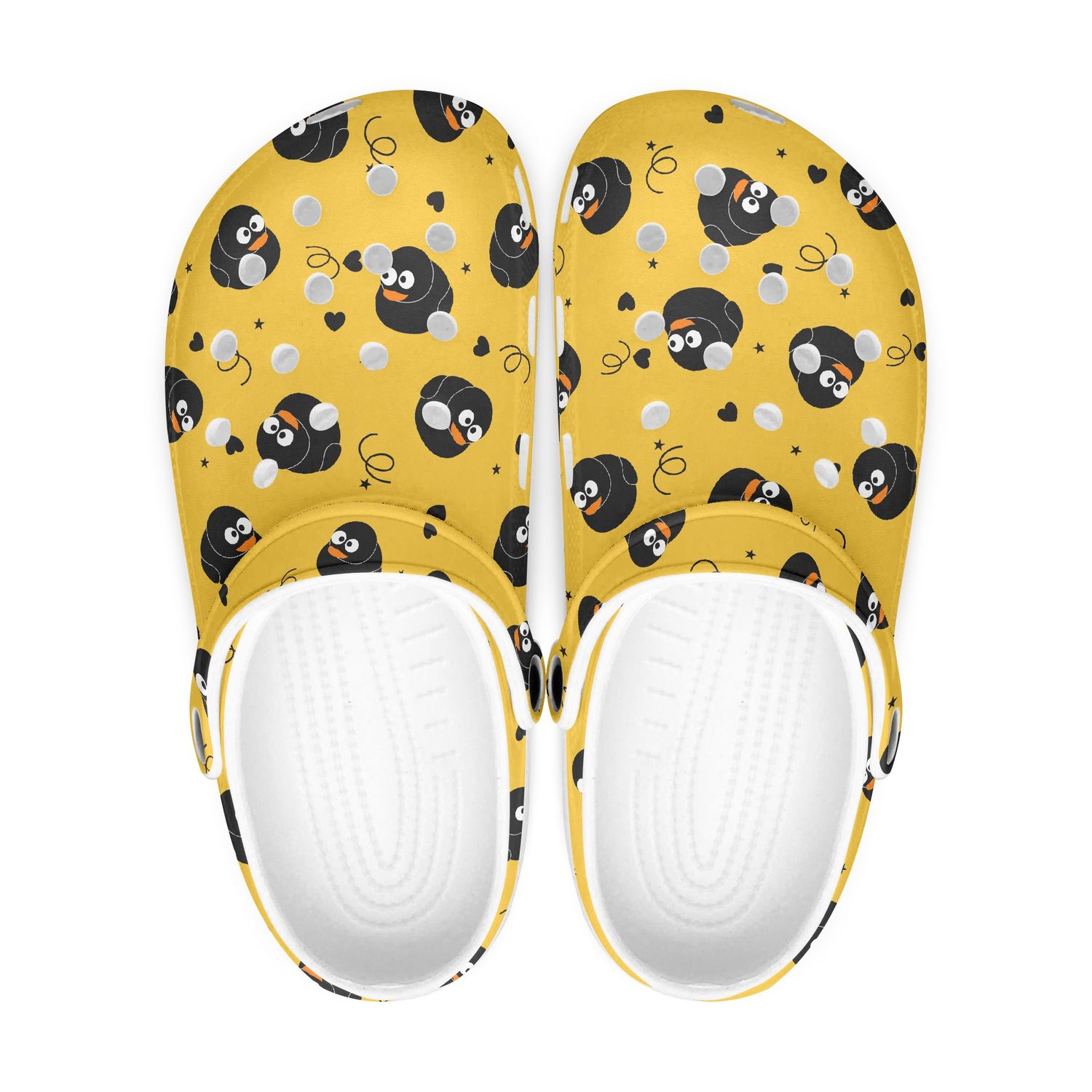Playful yellow clogs - black rubber ducks