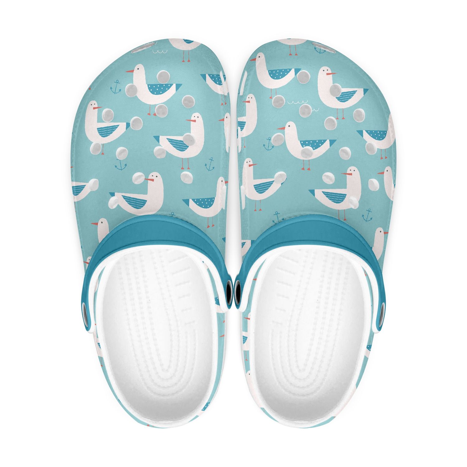 Funny light blue clogs - cartoon seagulls