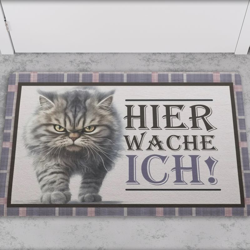 Funny doormat &quot;Here I wake up!&quot; with cat motif