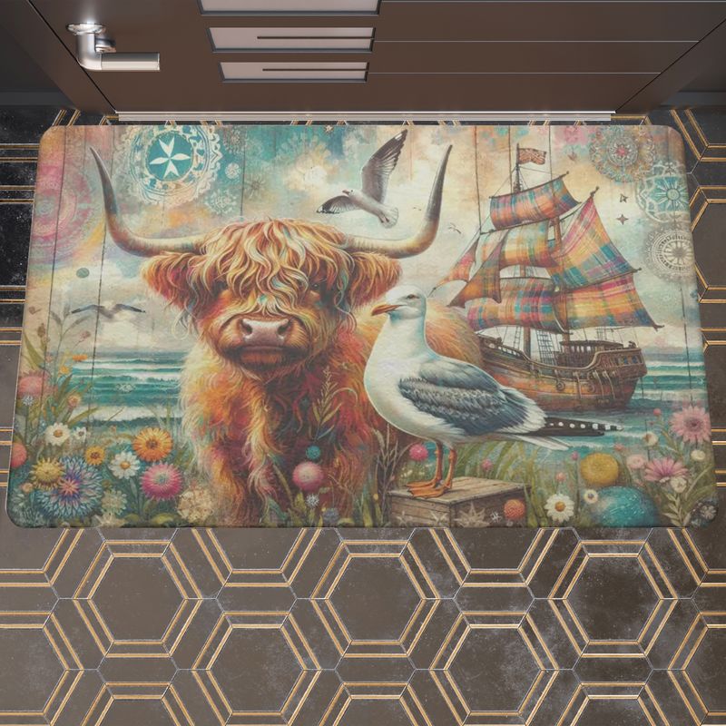 Bohemian style doormat with maritime highland cow motif