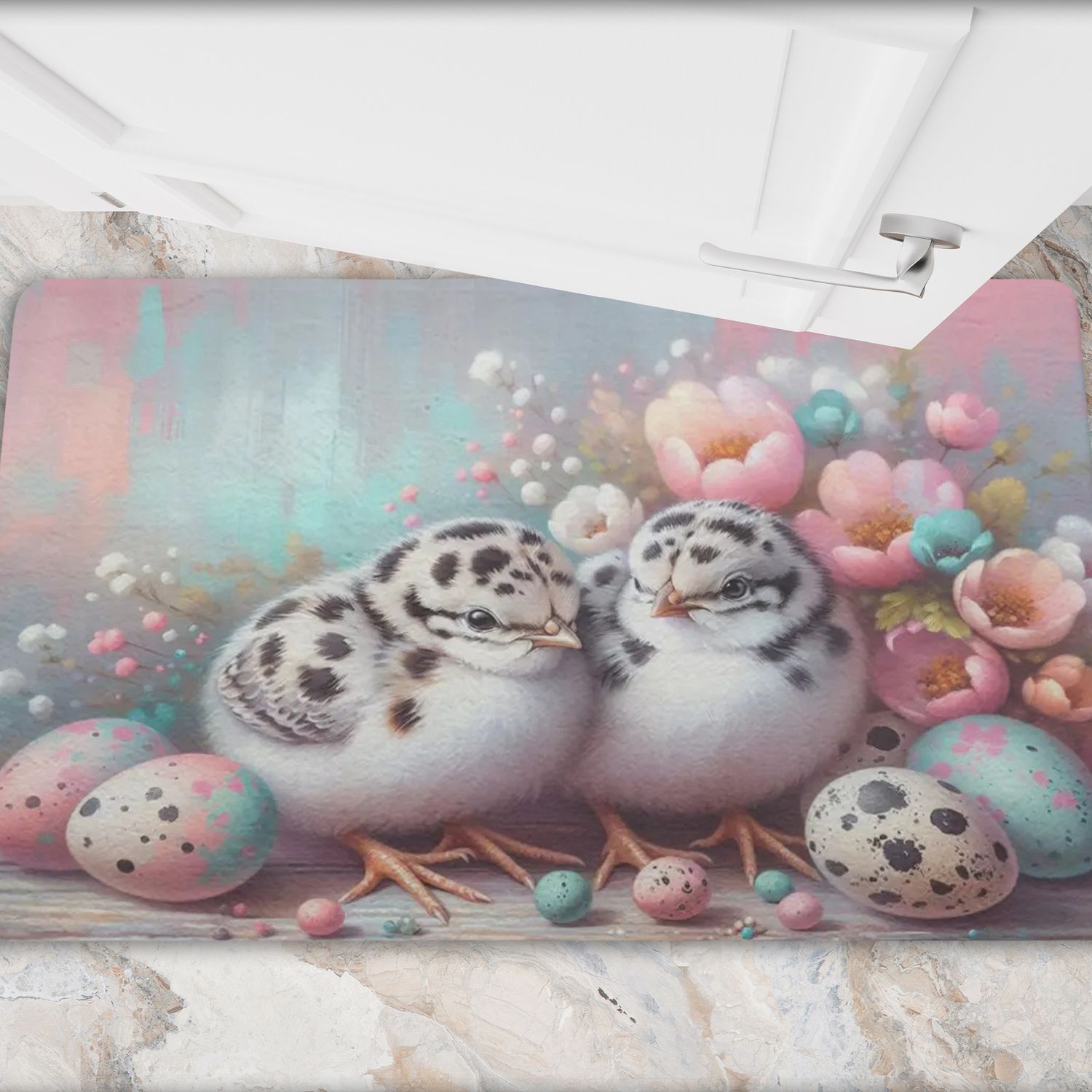 Colorful doormat with quail chick motif