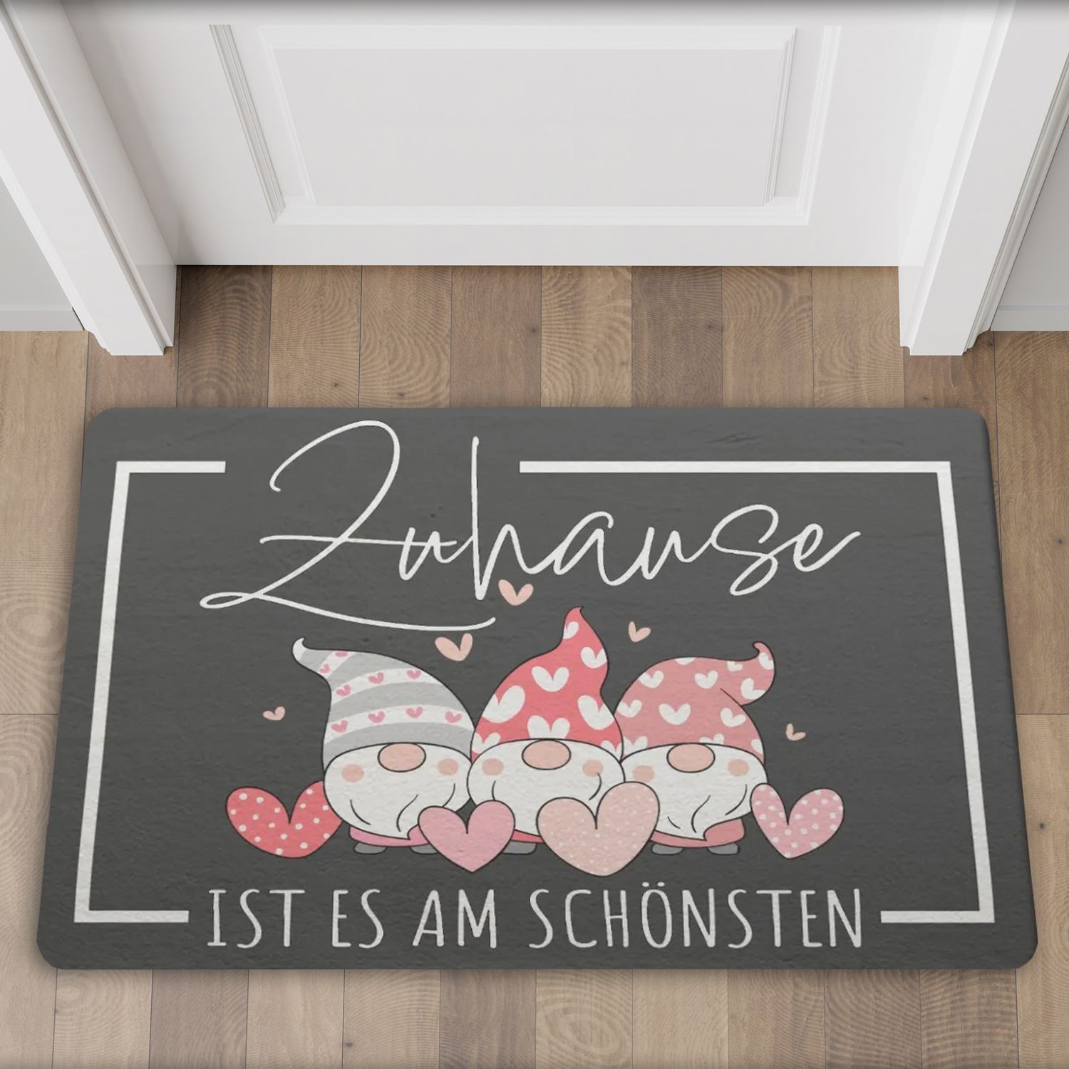 Black doormat &quot;It&#39;s best at home&quot; with gnome motif