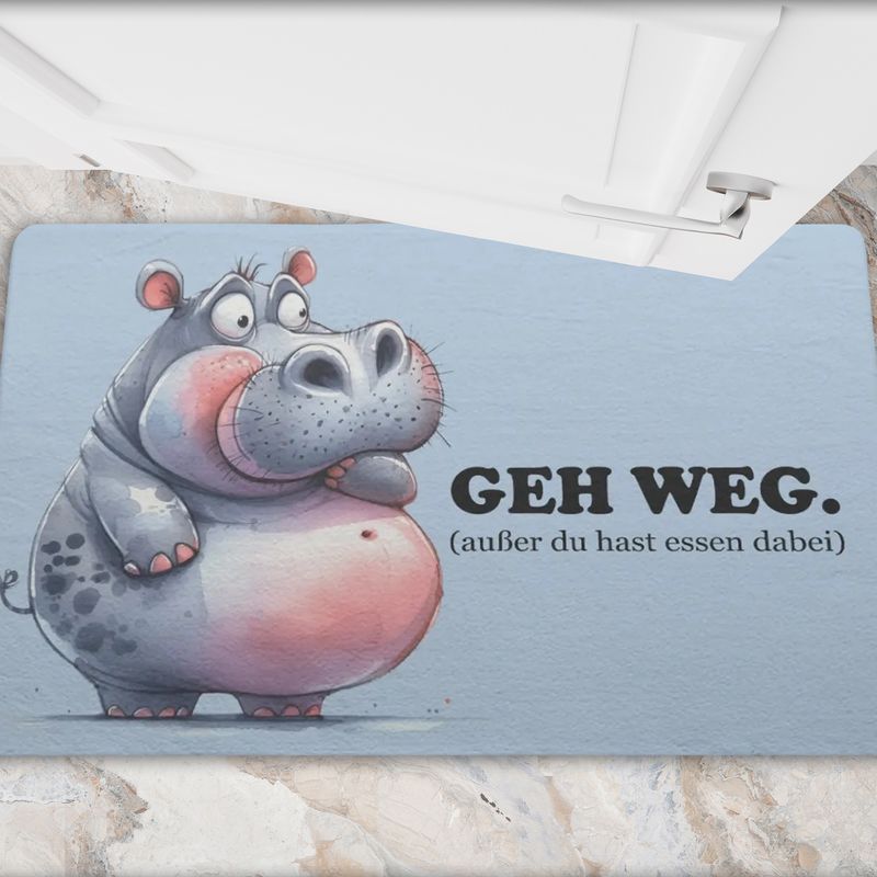 Funny doormat &quot;GO AWAY - unless you have food with you&quot; with a hippopotamus motif