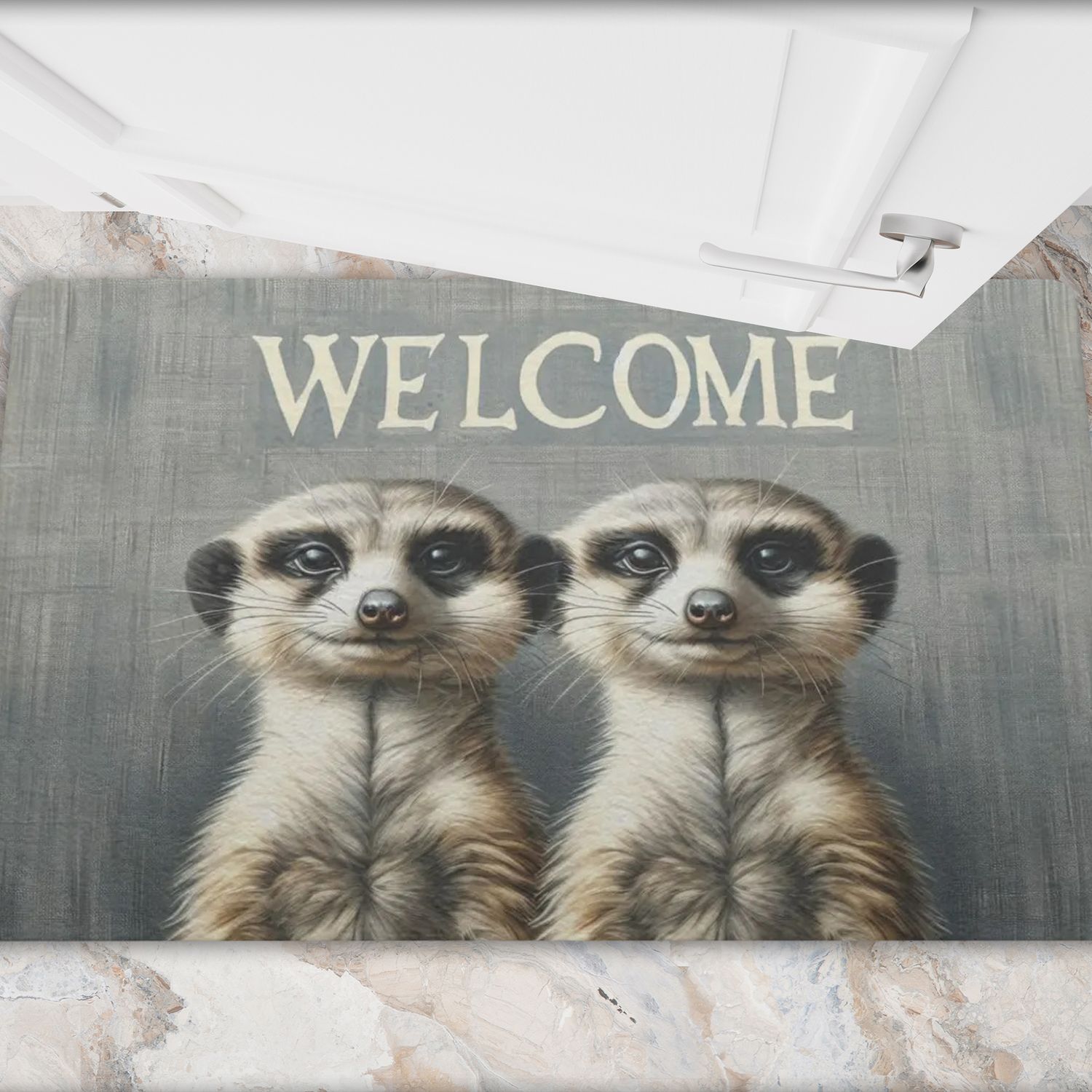 Gray doormat &quot;Welcome&quot; with meerkat motif