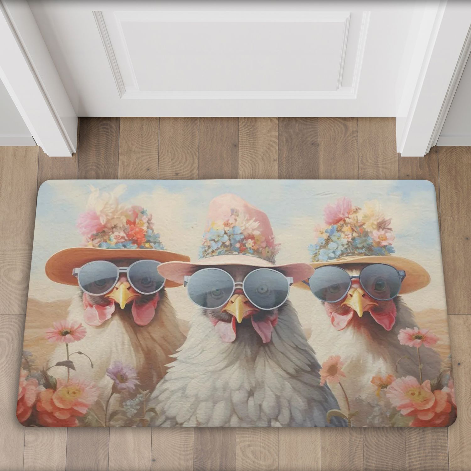 Colorful doormat with a funny chicken motif