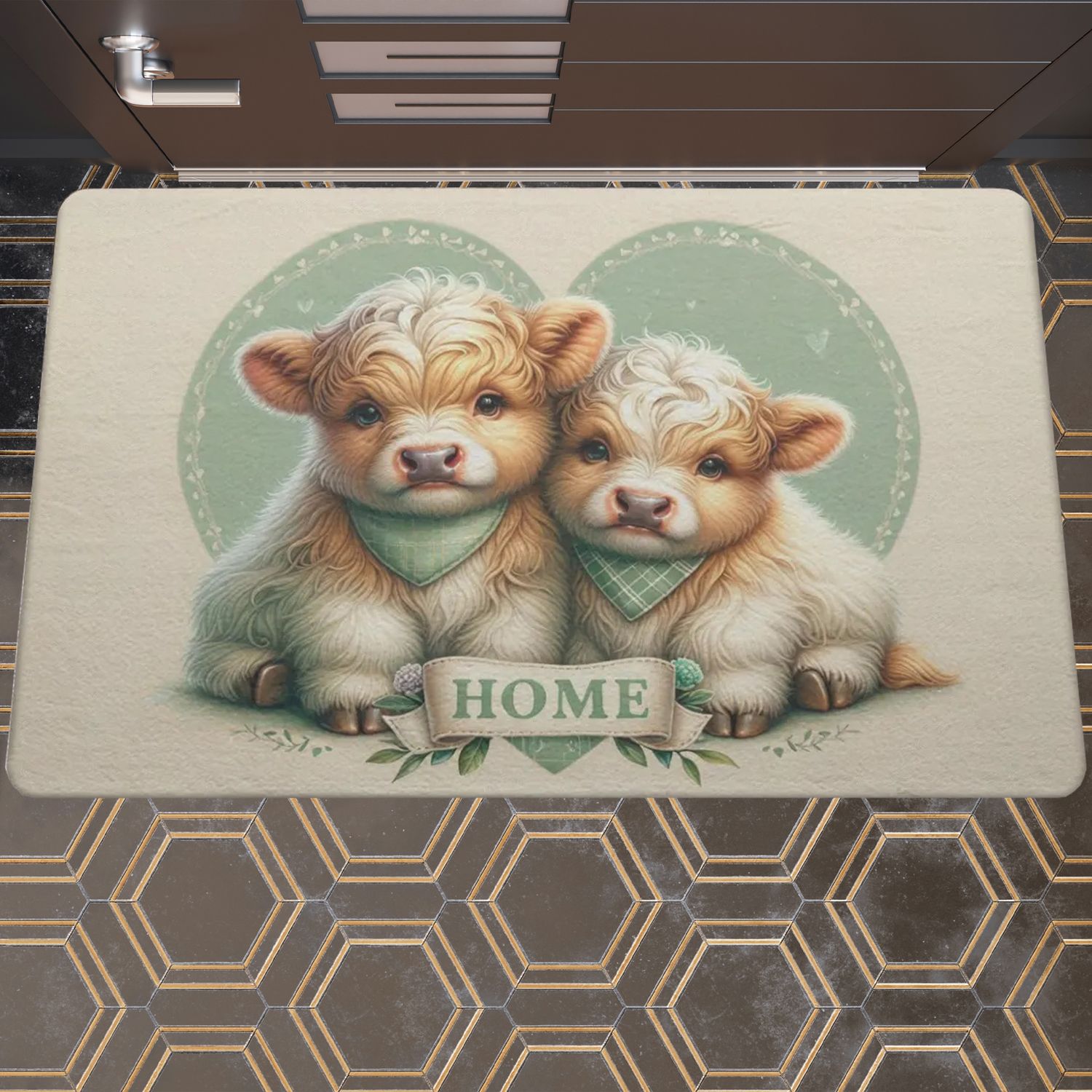 Cute &quot;Home&quot; doormat with Highland cow motif