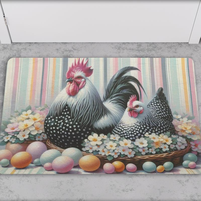 Colorful doormat with chicken motif