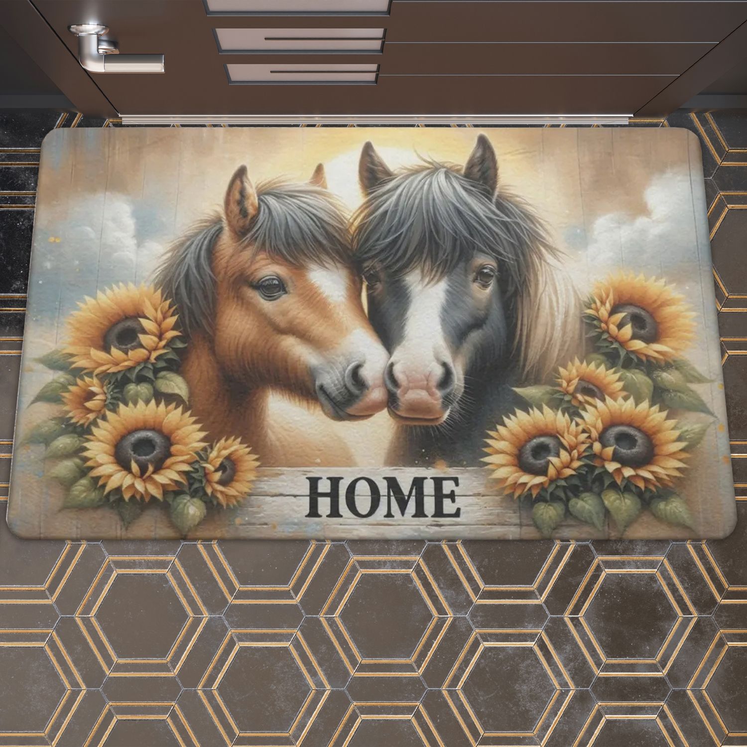 Farmhouse style doormat &quot;Home&quot; with horse motif
