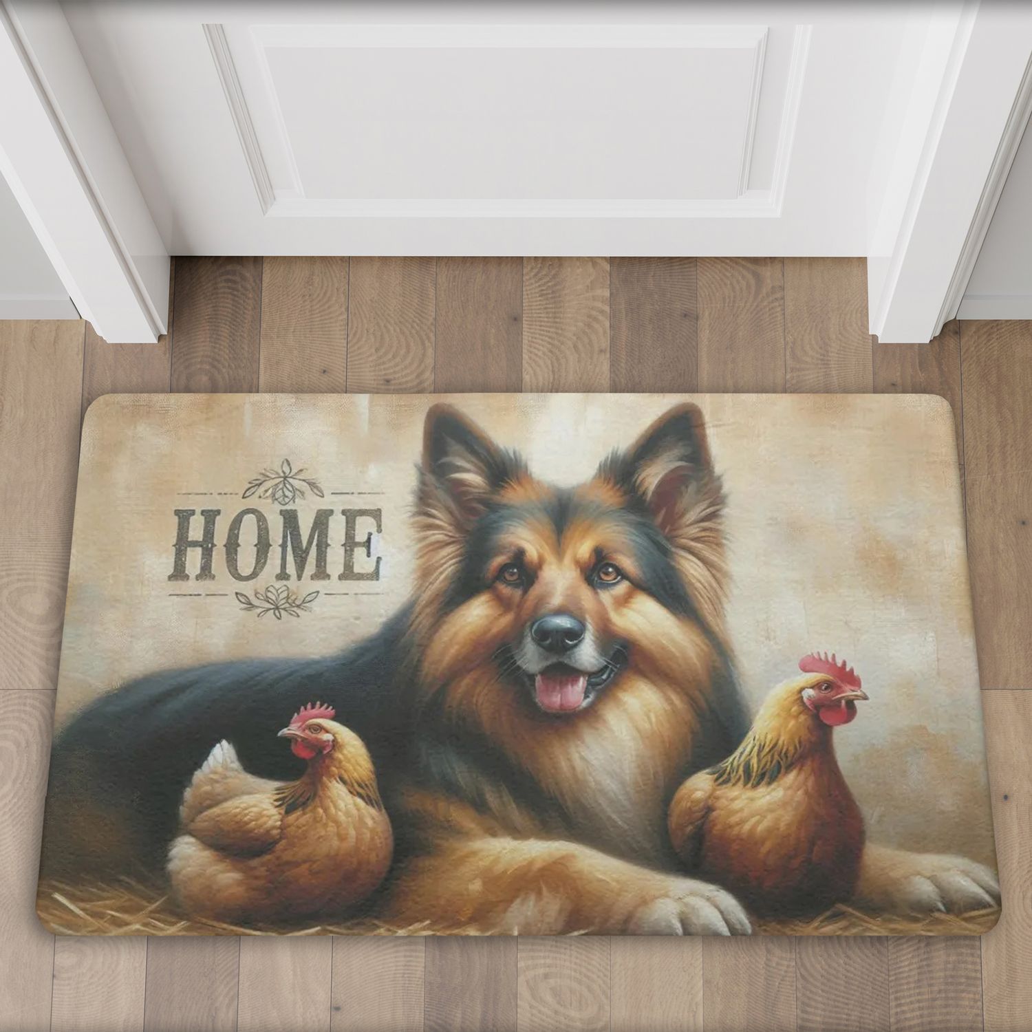Farmhouse style doormat &quot;Home&quot; with dog and chicken motif