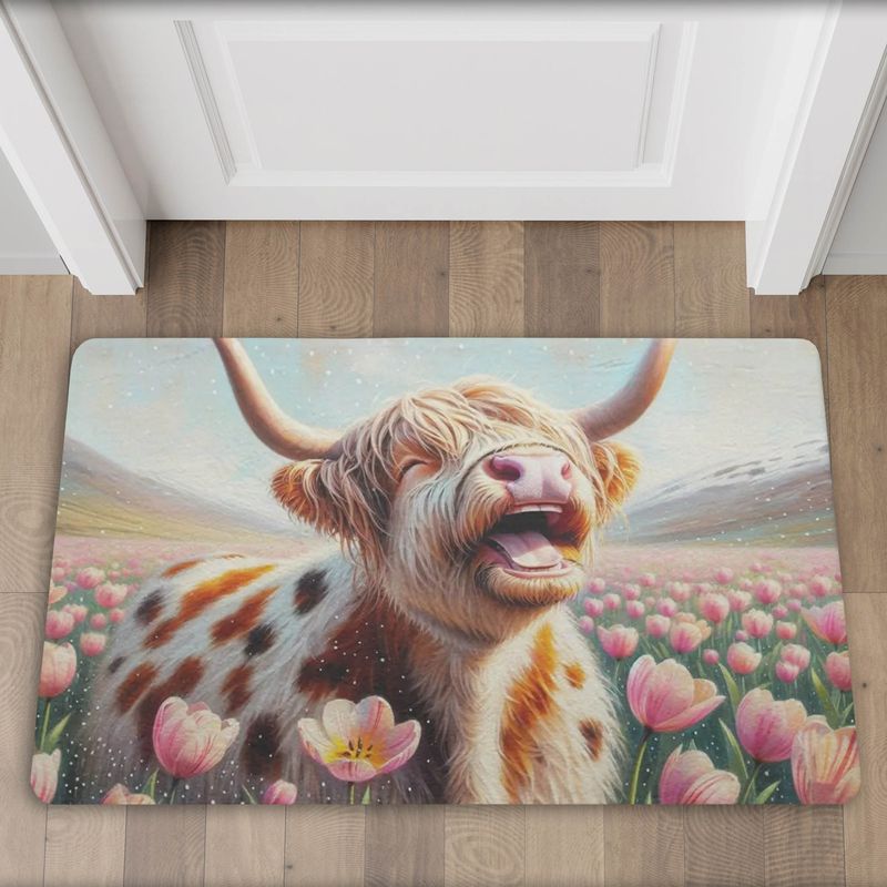 Colorful doormat with Highland cow and tulip motif