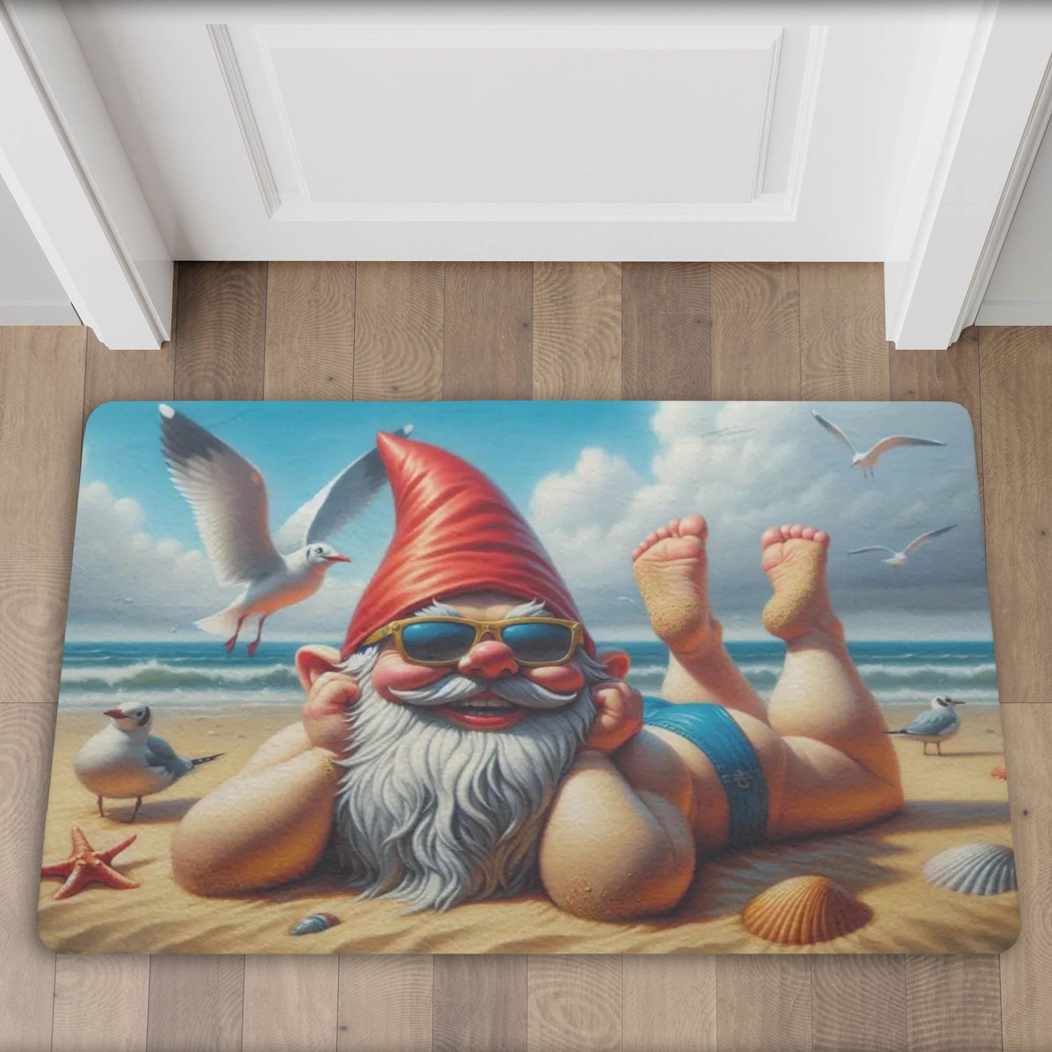 Funny doormat with a garden gnome on the beach motif