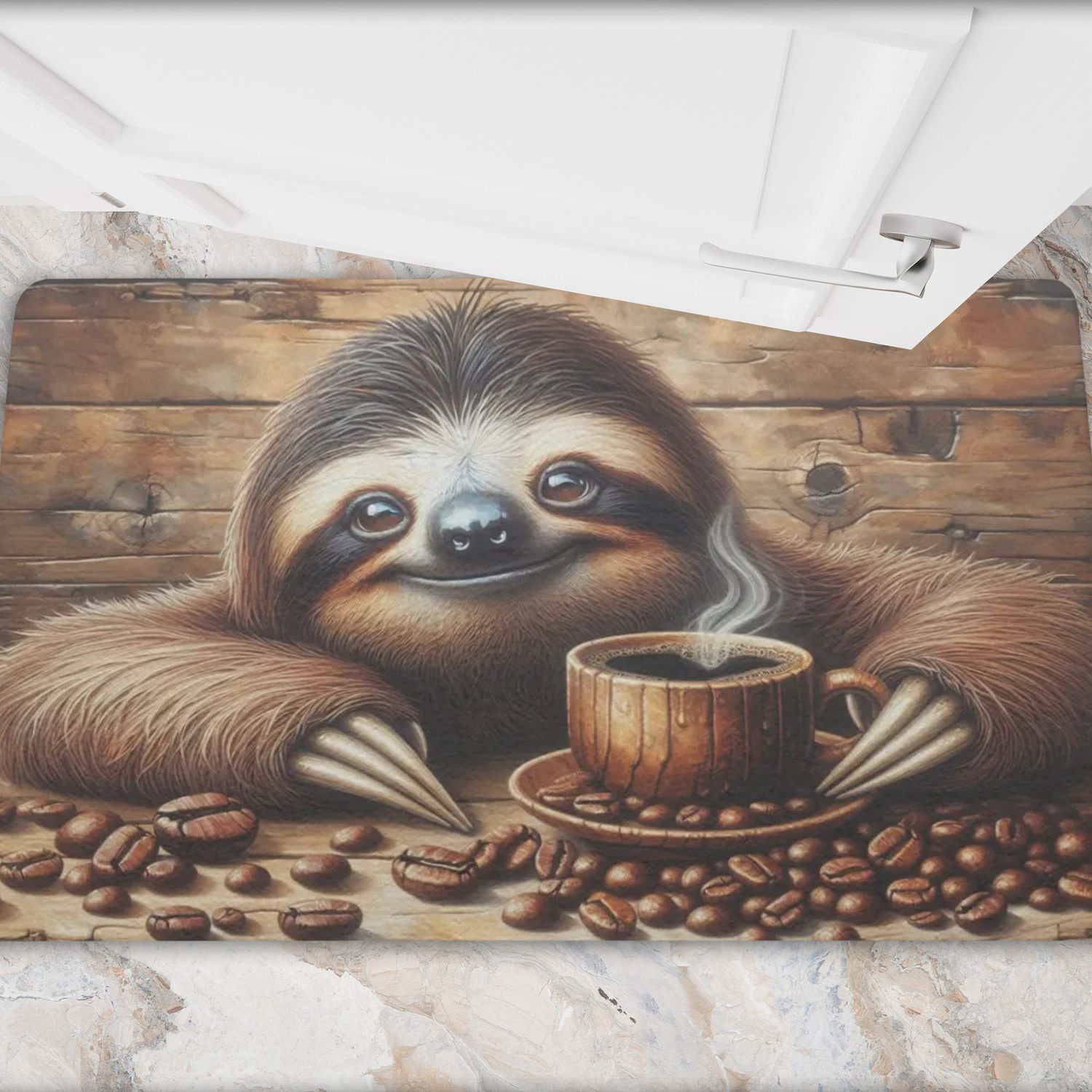 Brown wood look doormat with sloth and coffee motif