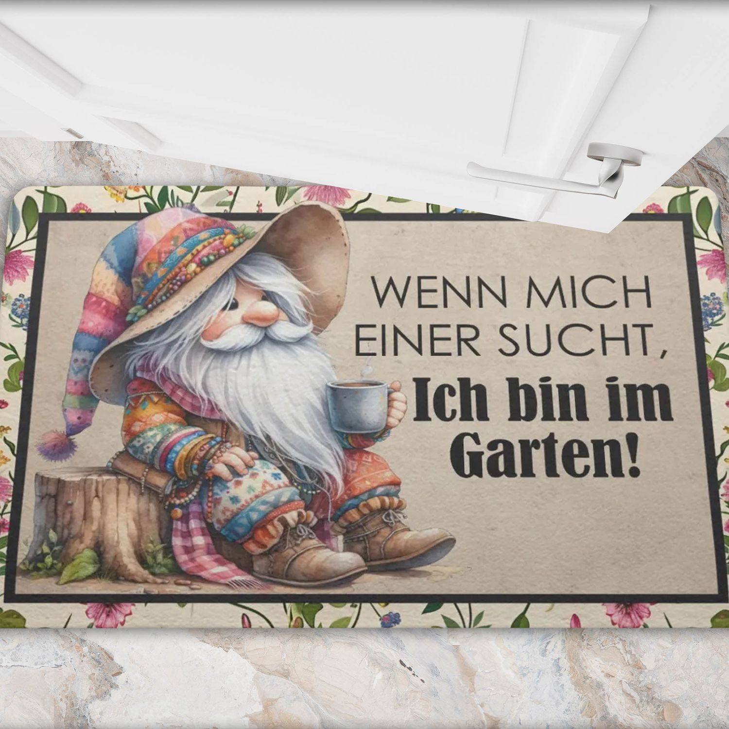 Garden Friends Doormat &quot;If anyone is looking for me, I&#39;m in the garden!&quot; with gnome motif