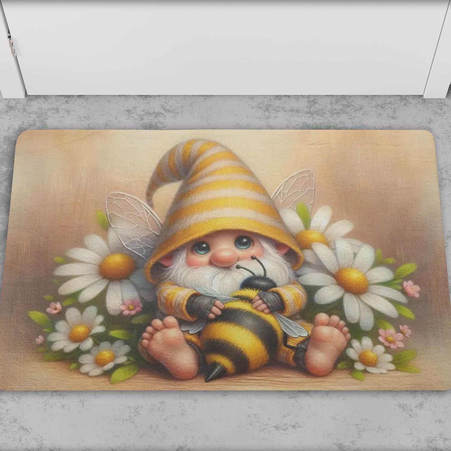 Cute doormat with gnome and bee motif