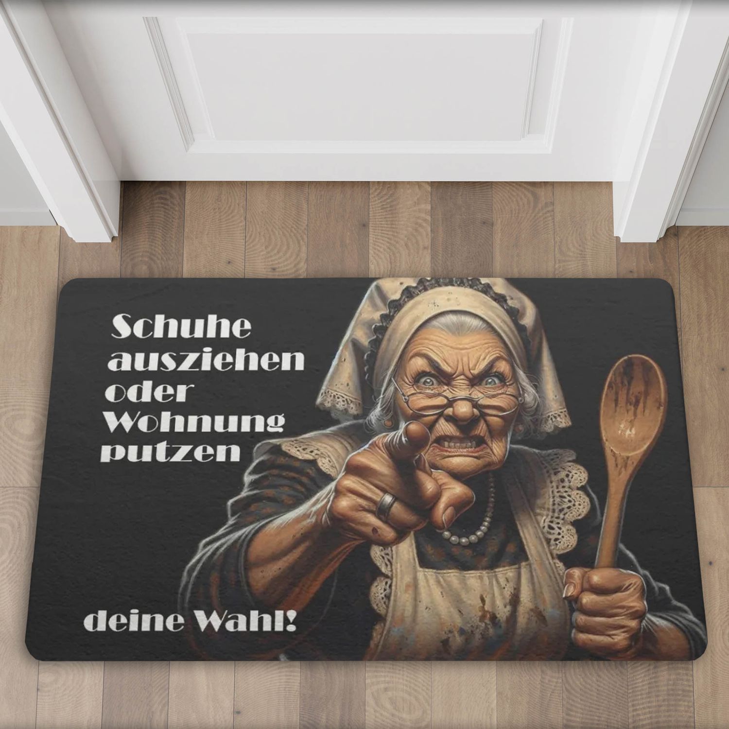 Funny doormat &quot;Take off your shoes or clean your apartment&quot; with a grumpy housewife motif