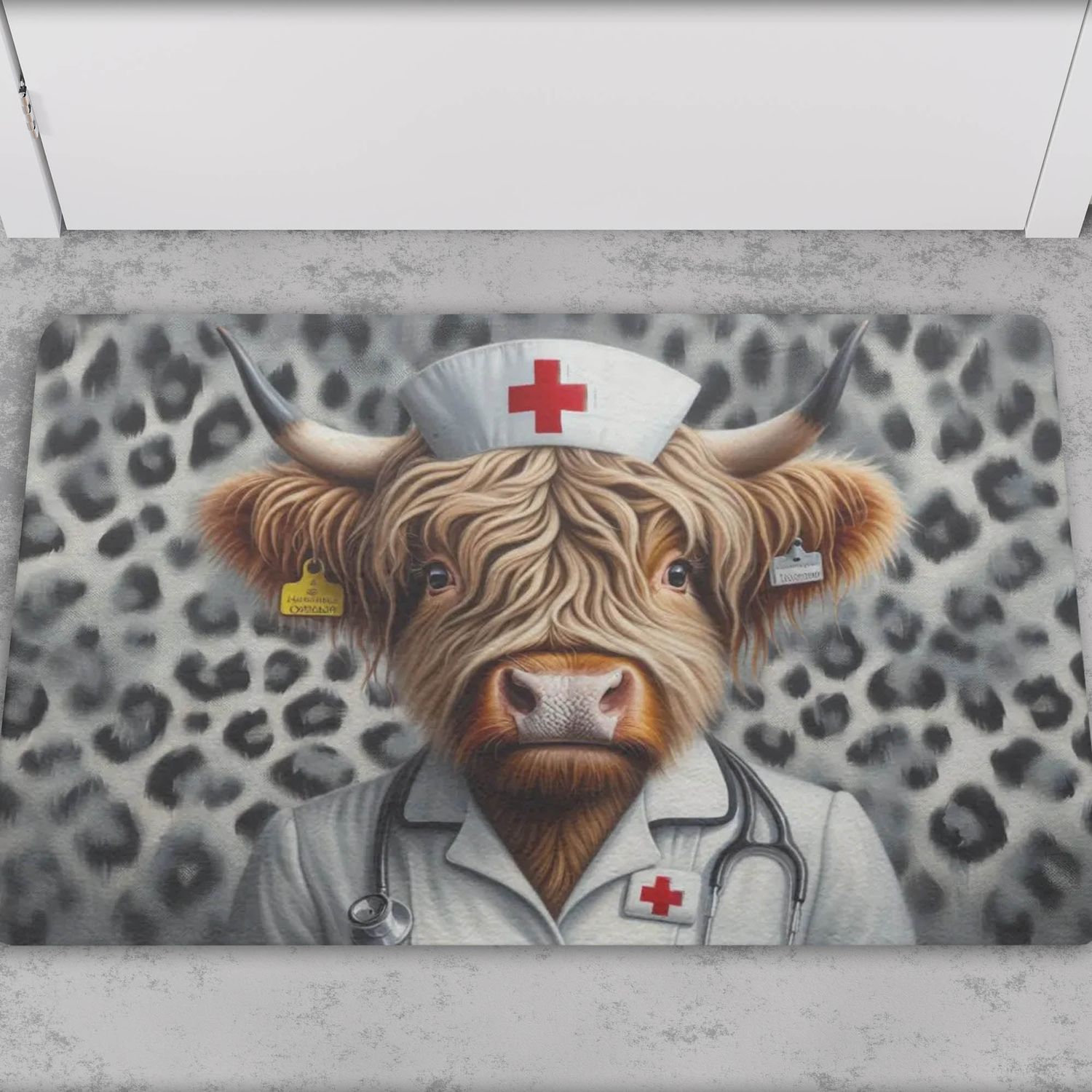 Leopard print nurse highland cow doormat