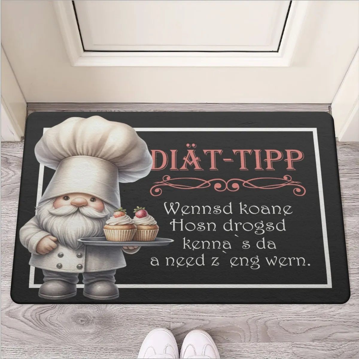 Funny doormat &quot;Diet Tip&quot; with gnome motif