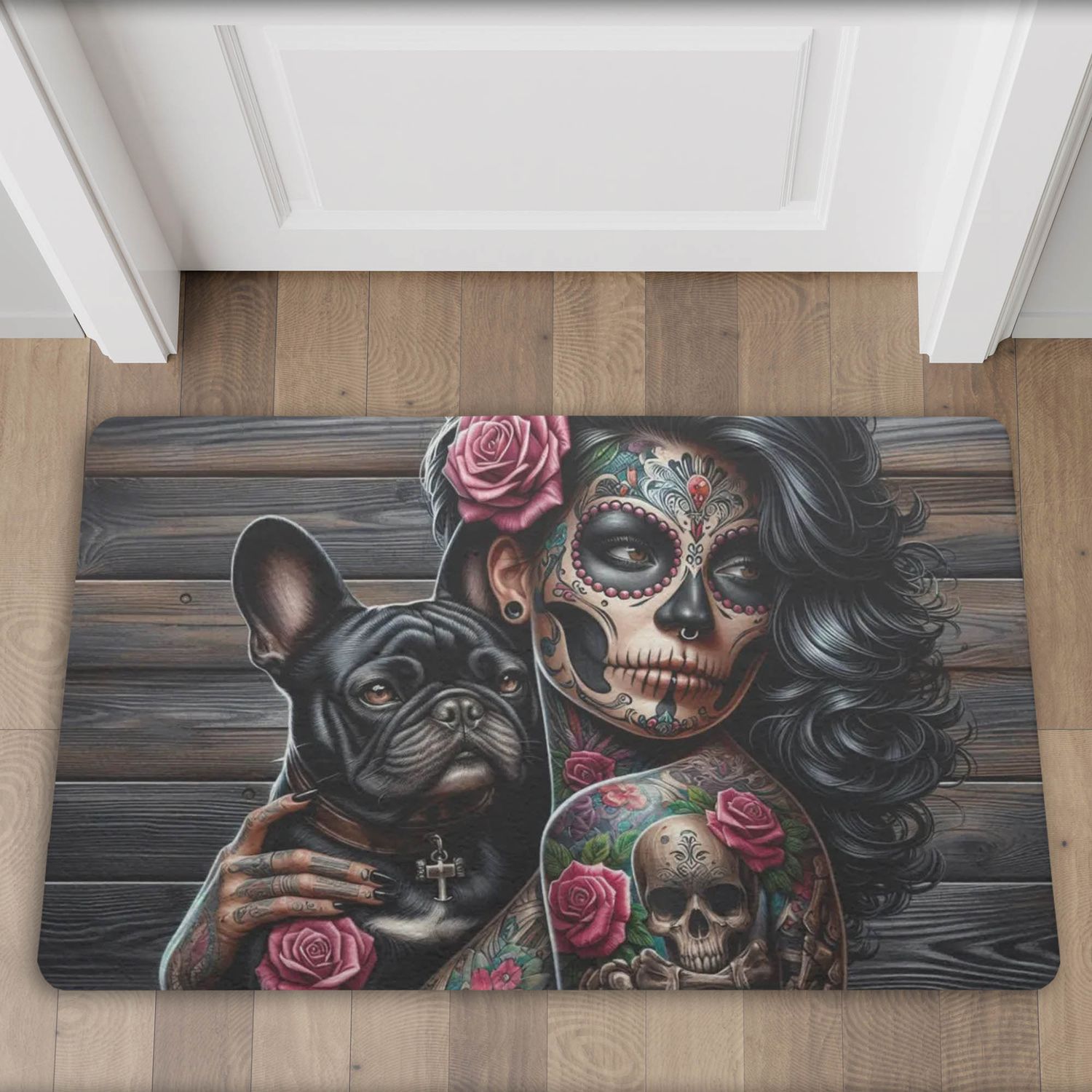 Gothic doormat with tattooed woman and French bulldog motif