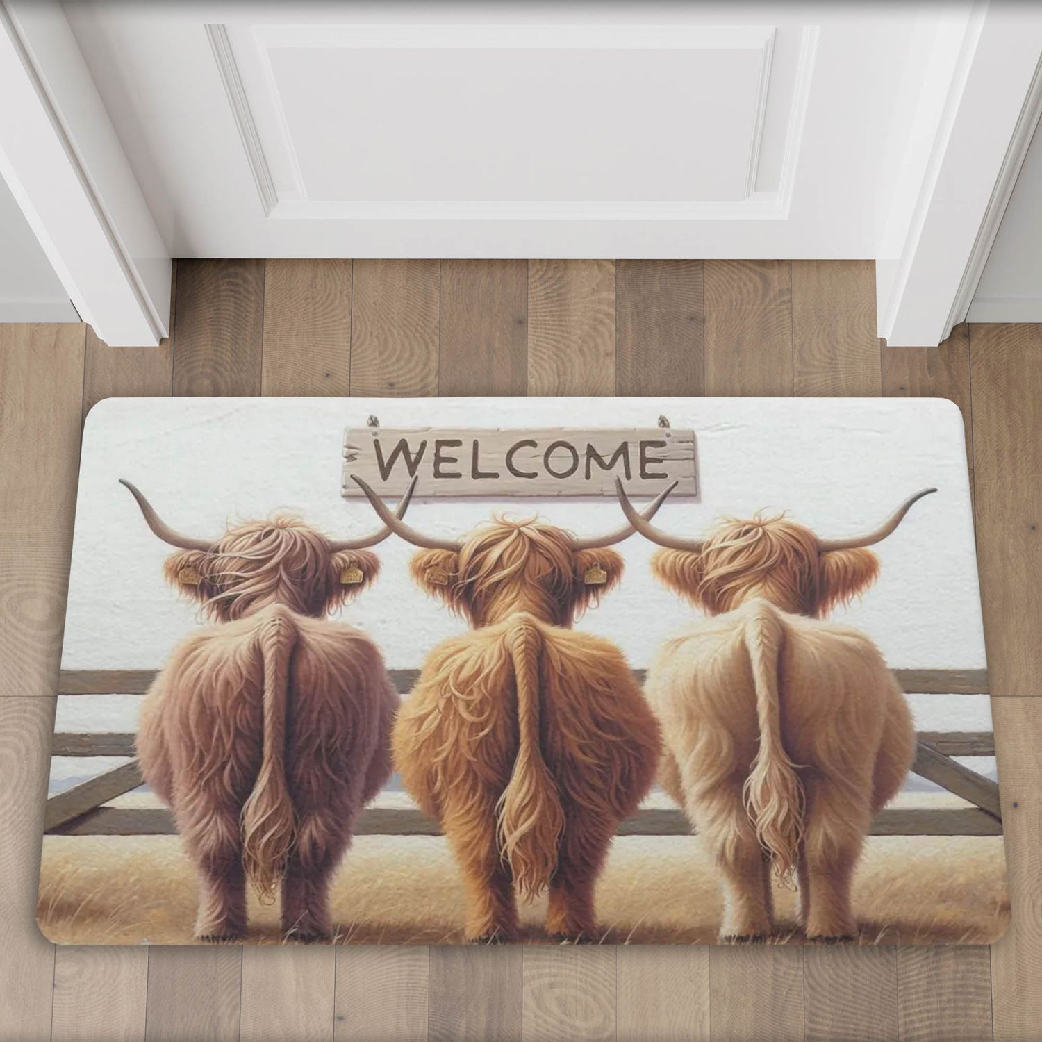 Funny “Welcome” doormat with a Highland cow motif
