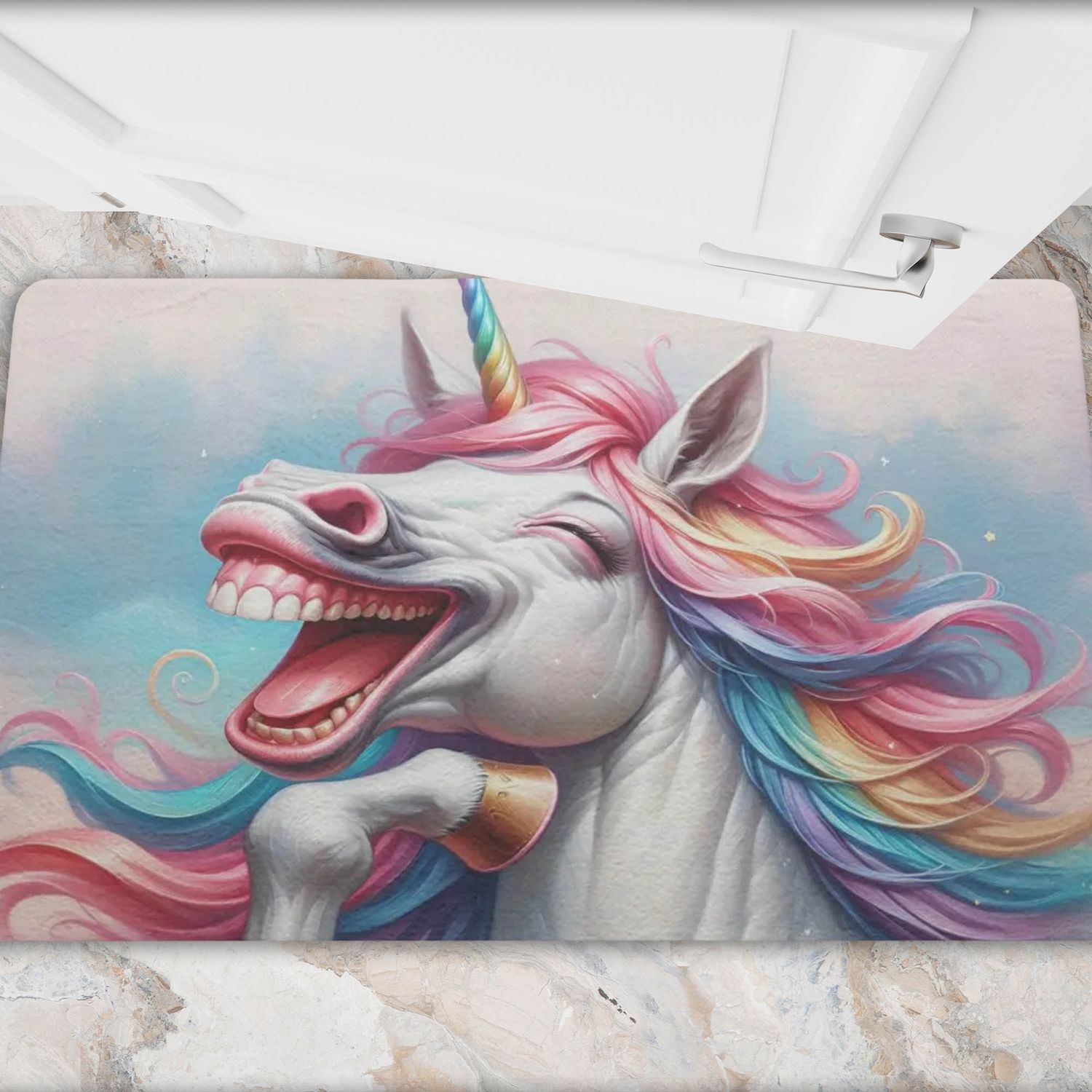 Funny doormat with a laughing unicorn motif