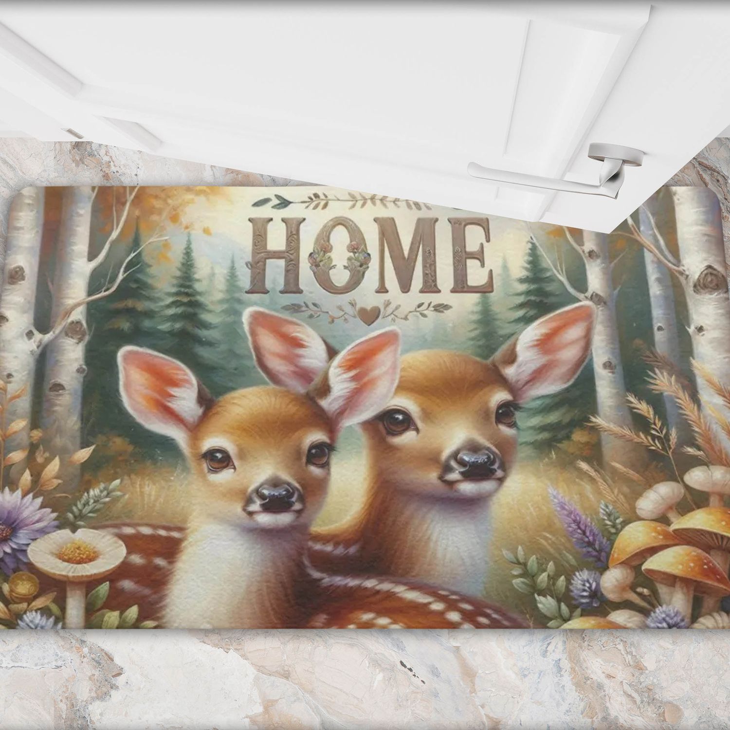Enchanting doormat &quot;Home&quot; with deer in a forest motif