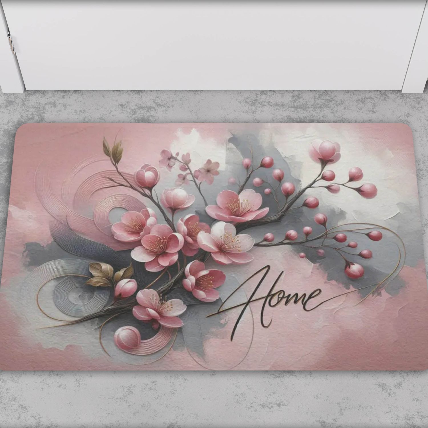 Modern doormat &quot;Home&quot; with cherry blossom motif