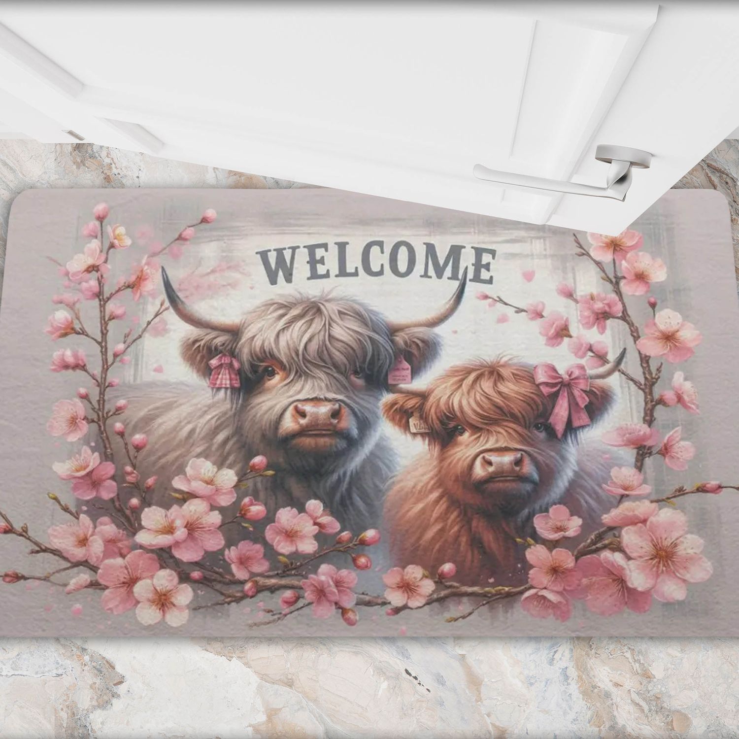 Enchanting doormat &quot;Welcome&quot; with a Highland cow and cherry blossom motif