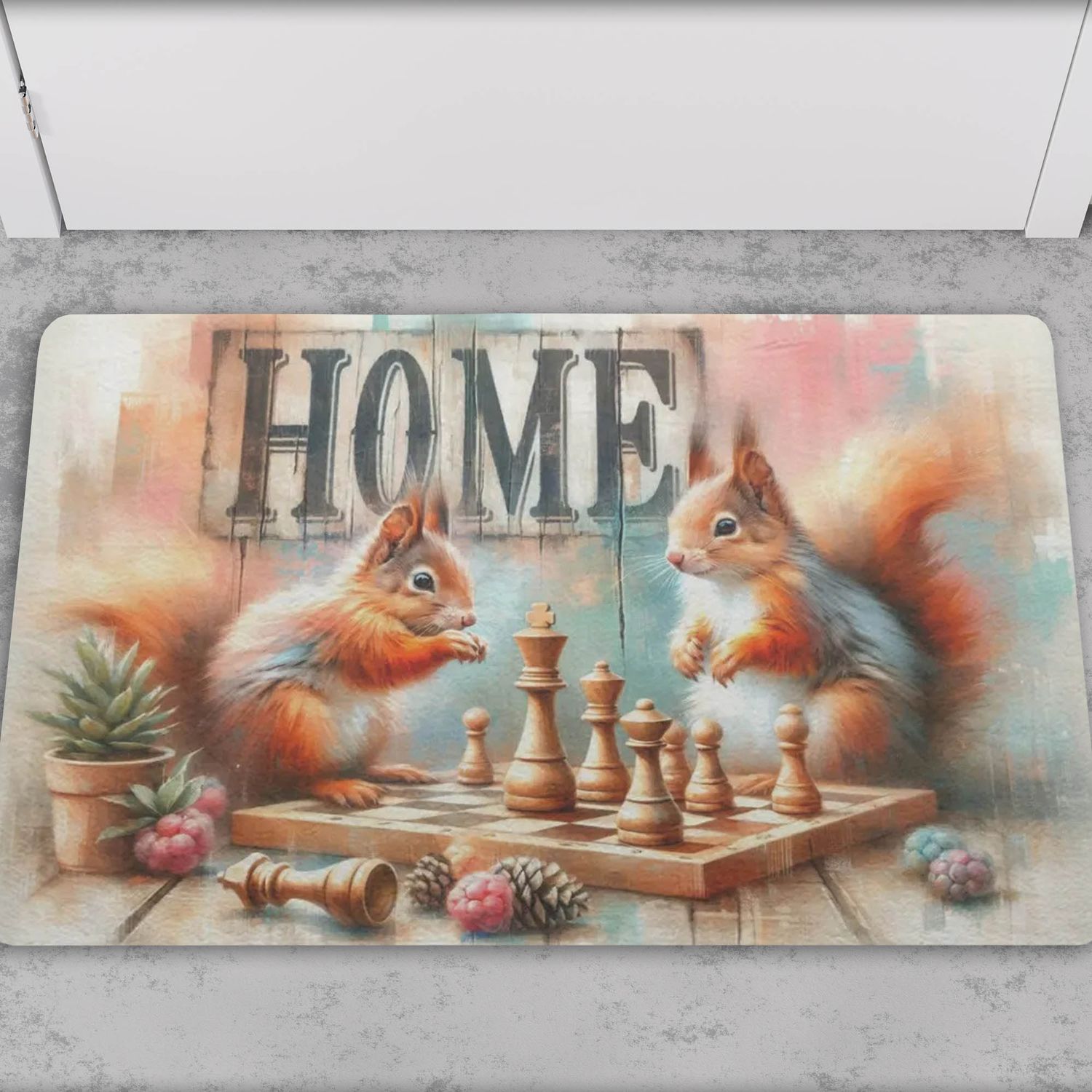 Funny doormat &quot;Home&quot; with squirrels and chess motif
