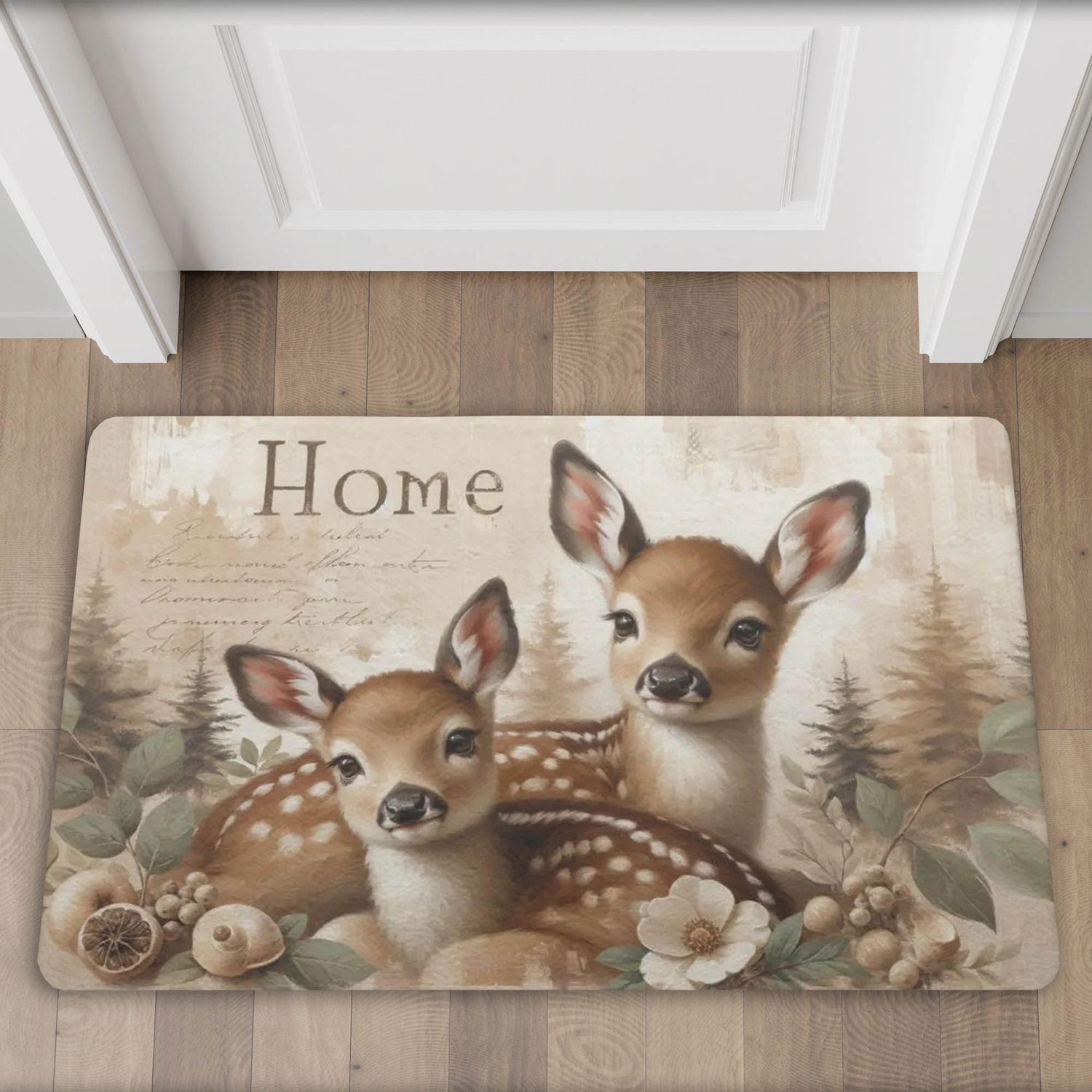 Sweet beige-brown doormat &quot;Home&quot; with a deer motif