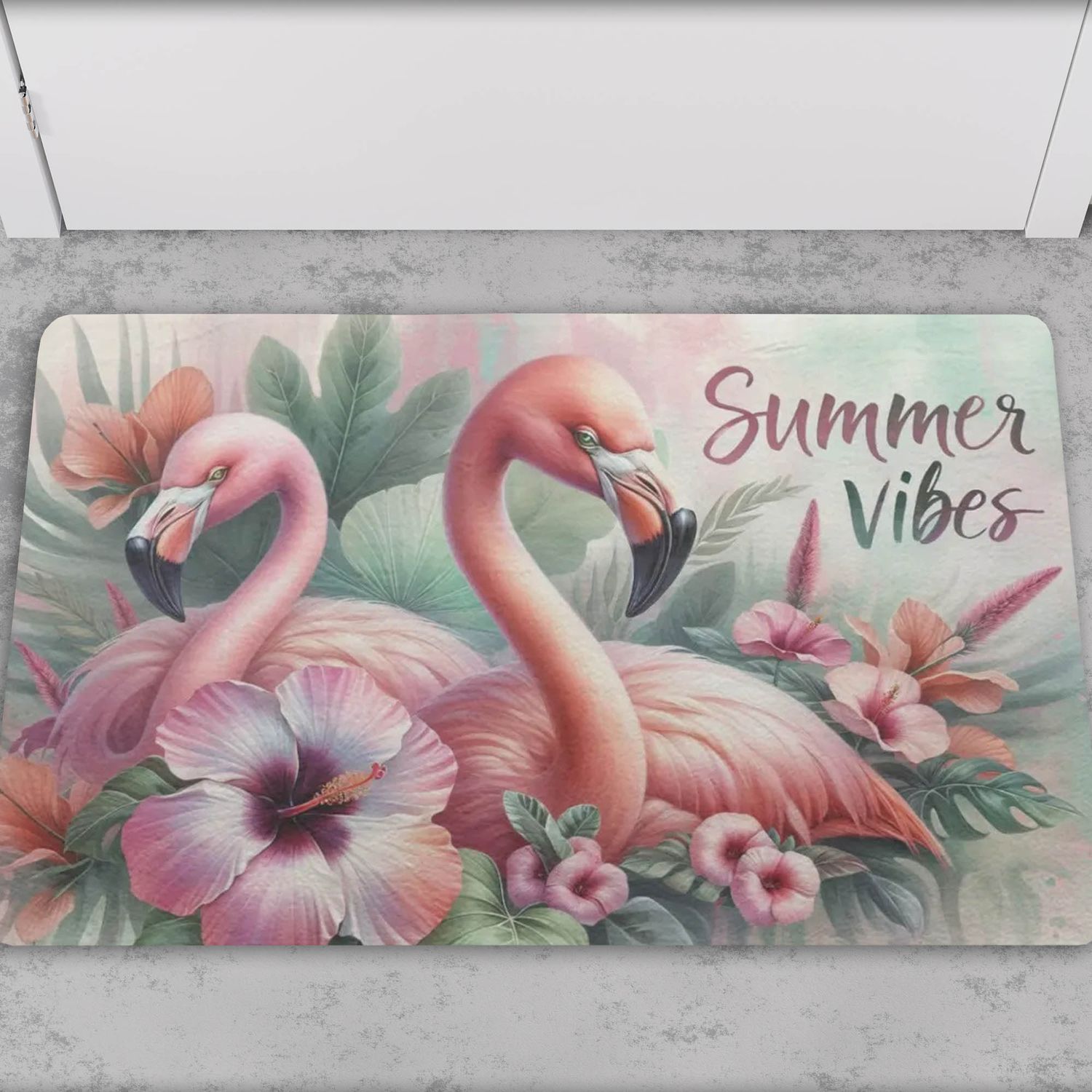 Tropical doormat &quot;Summer Vibes&quot; with flamingo motif