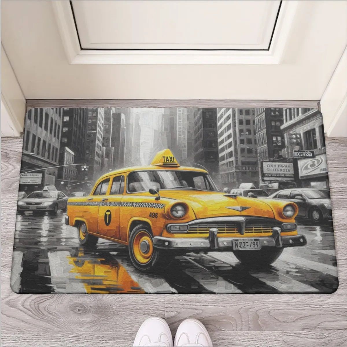 Black and white doormat with yellow taxi motif