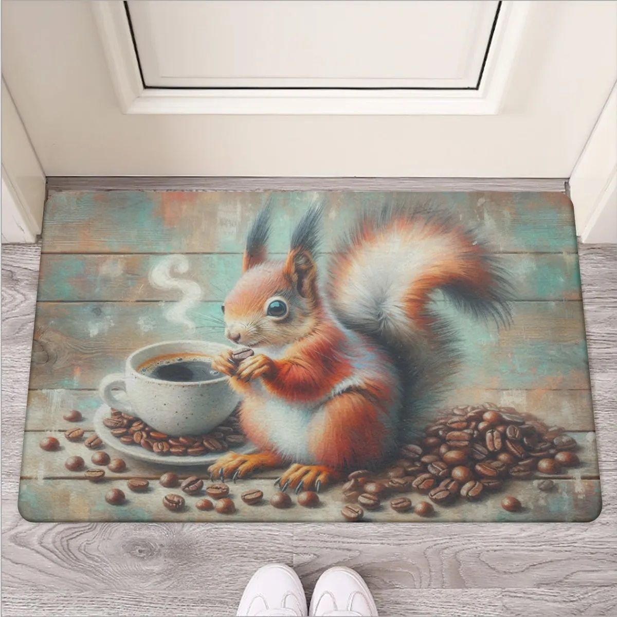 Wood look doormat with squirrel and coffee motif