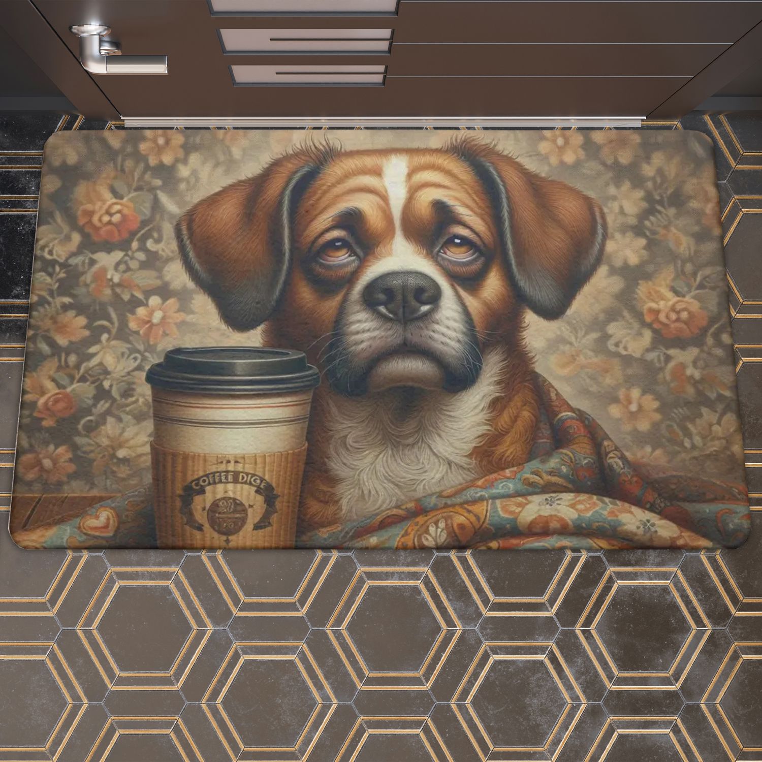 Vintage style doormat with sleepy dog ​​and coffee motif