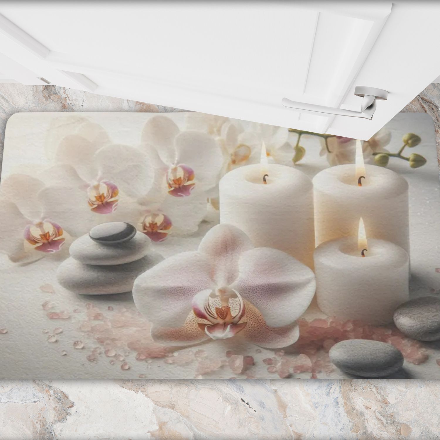 Wellness Oasis doormat with orchids and candle motif