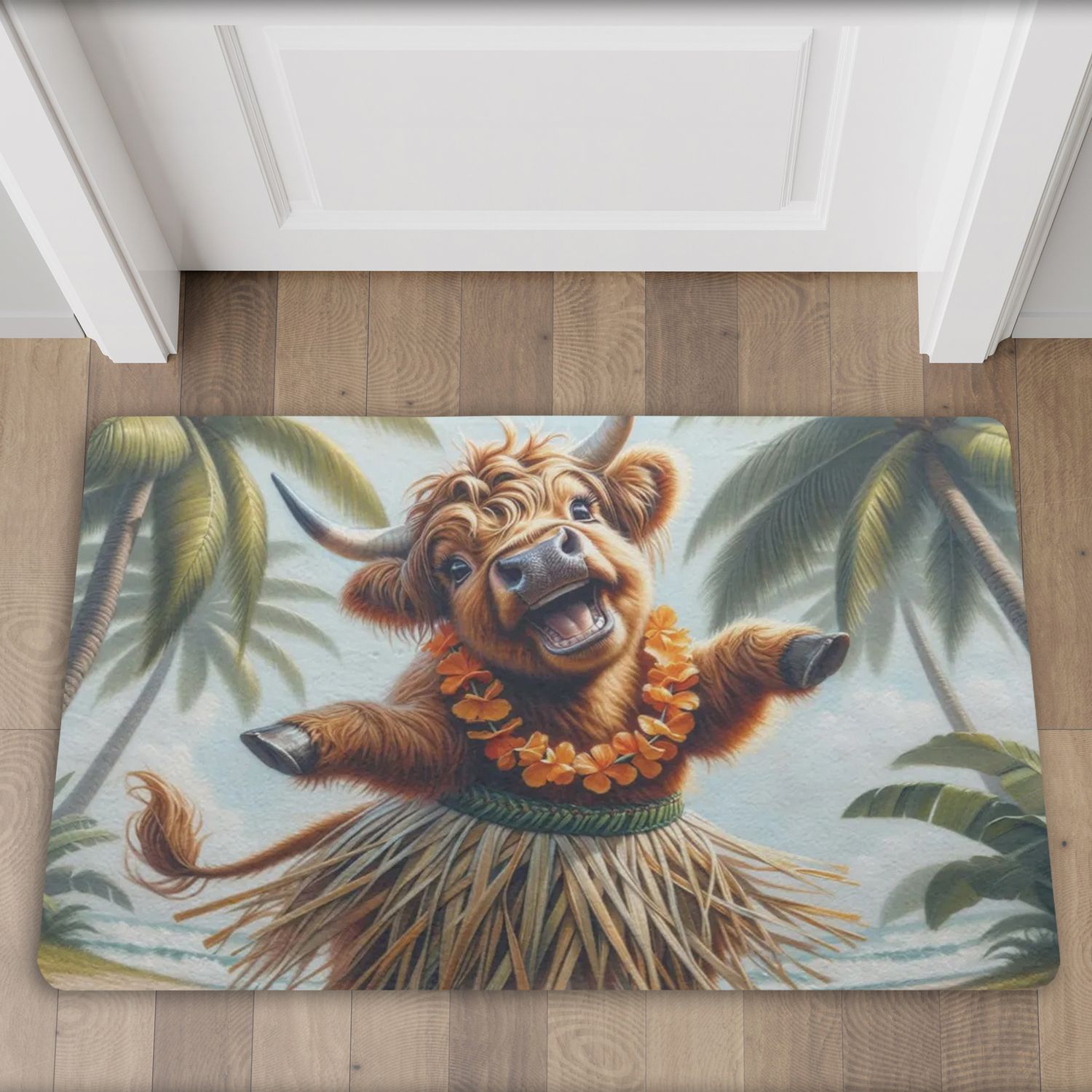 Tropical Doormat with Hawaiian Highland Cow Motif