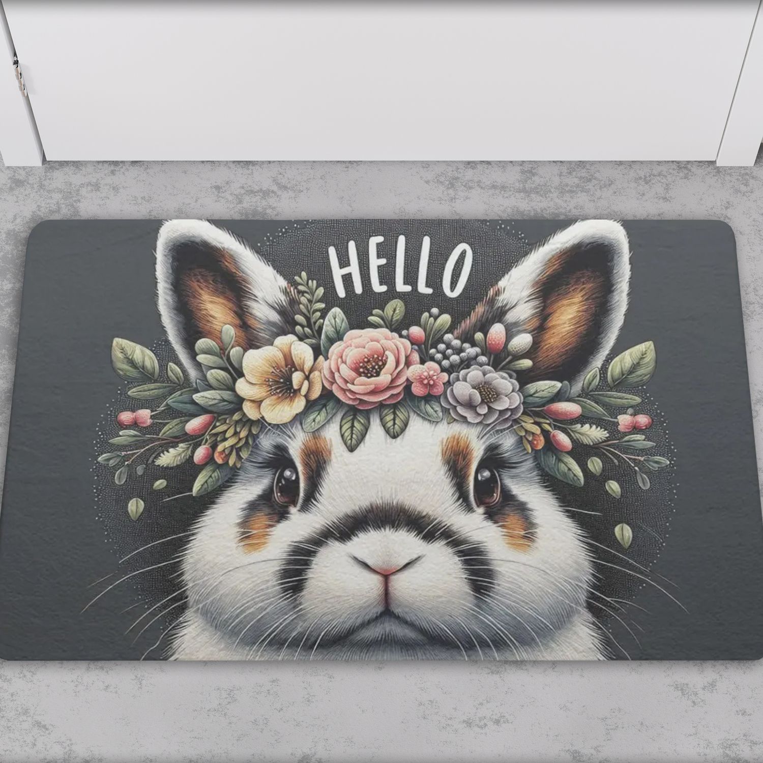 Gray doormat &quot;Hello&quot; with floral rabbit motif