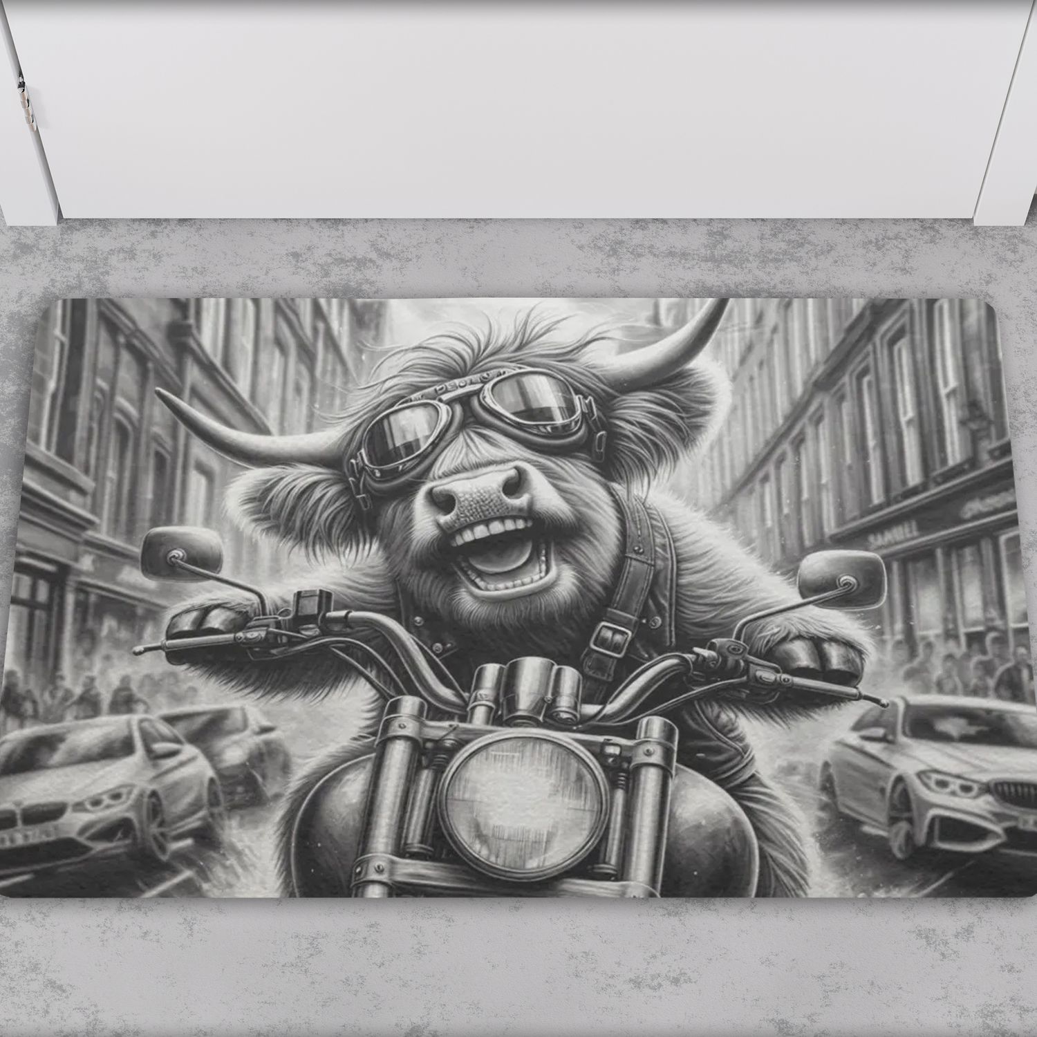 Funny biker doormat with Highland cow motorcycle motif