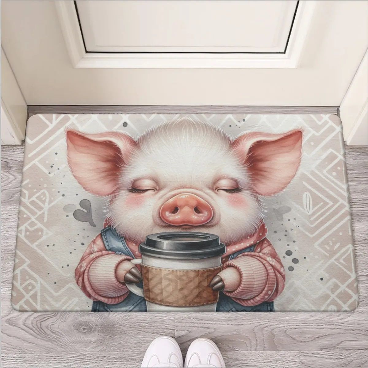 Funny doormat with a sleepy pig and coffee motif