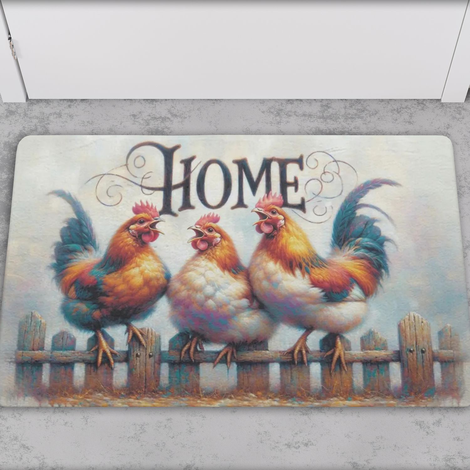 Farmhouse style doormat &quot;Home&quot; with chicken motif