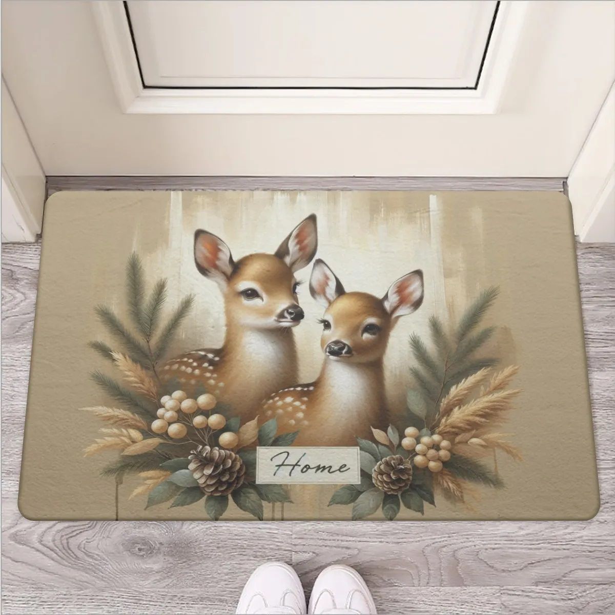 Sweet beige doormat &quot;Home&quot; with a deer motif