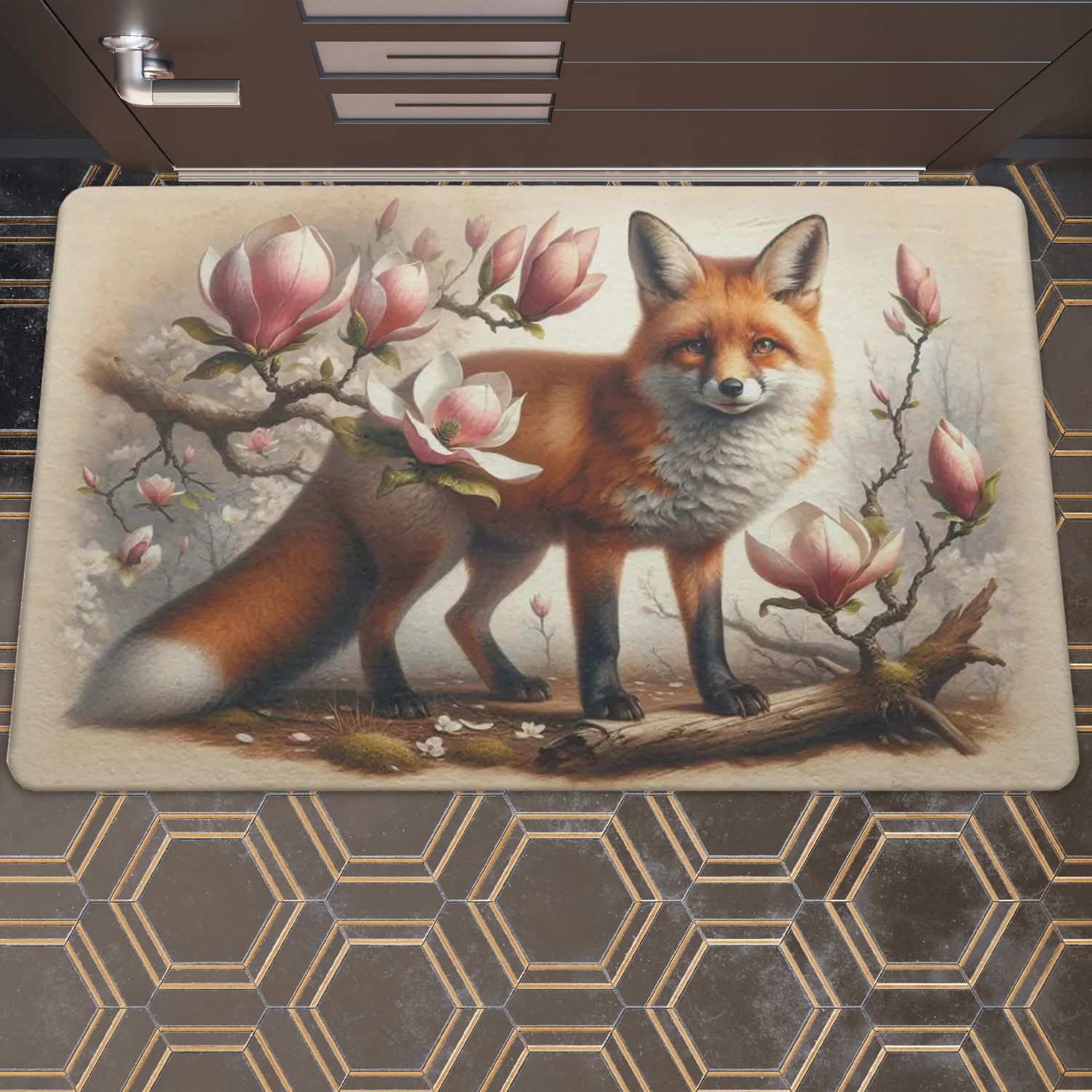 Floral beige doormat with fox and magnolia motif