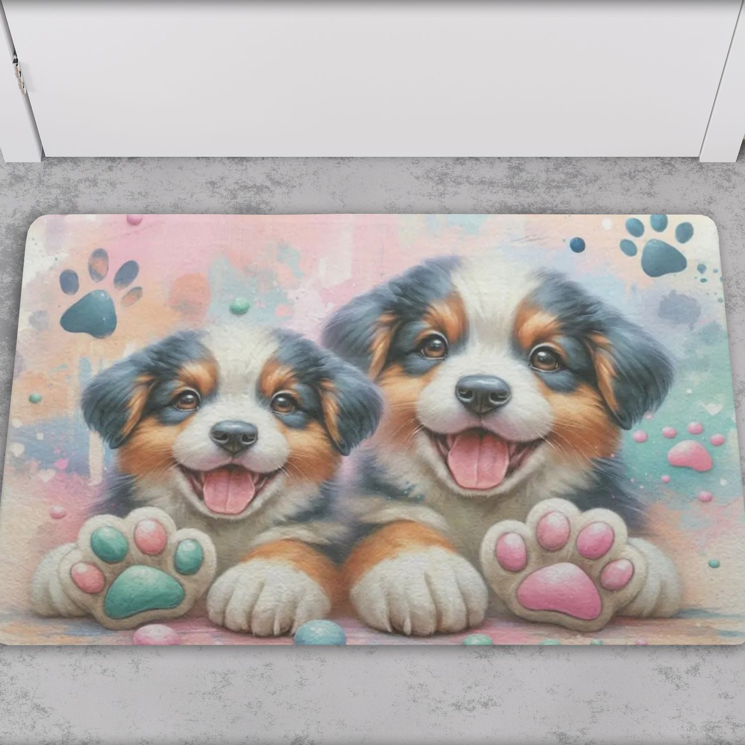 Playful colorful doormat with Australian Shepherd puppy motif