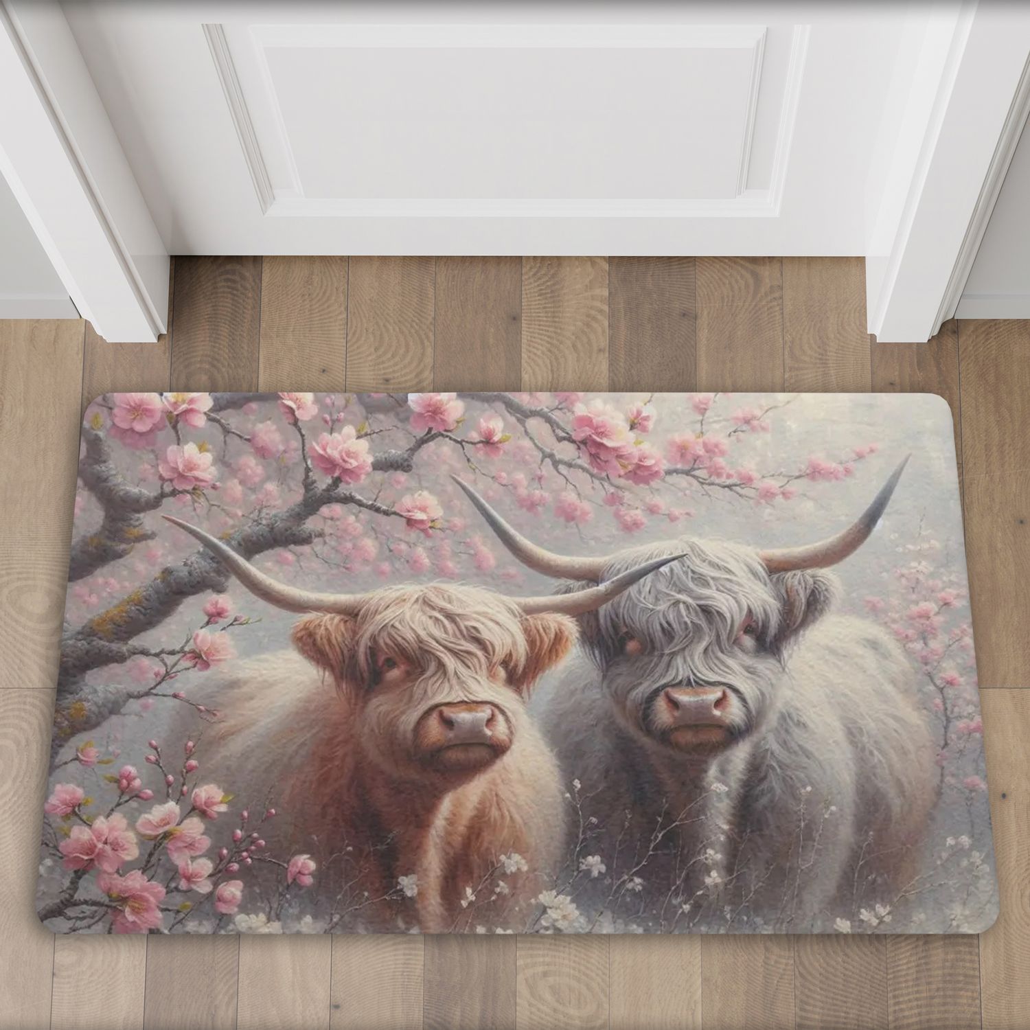 Charming doormat with Highland cows and cherry blossom motif