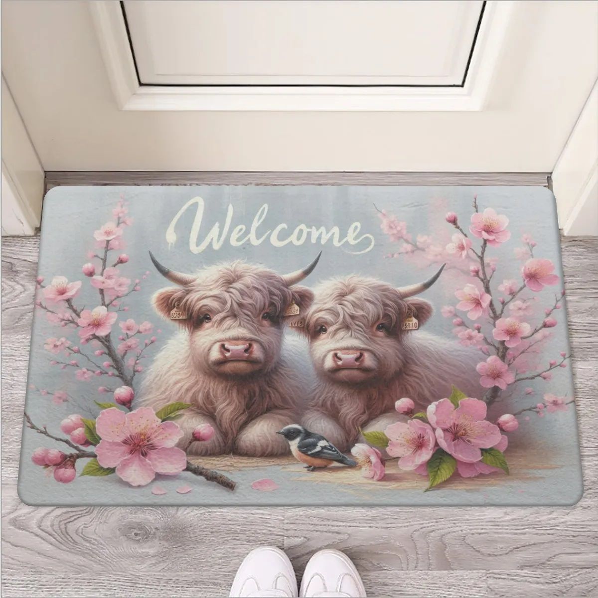 Enchanting doormat &quot;Welcome&quot; with Highland cows and cherry blossom motif