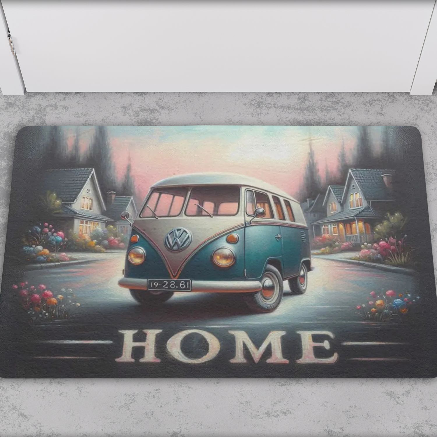 Modern doormat &quot;Home&quot; with VW Bulli motif