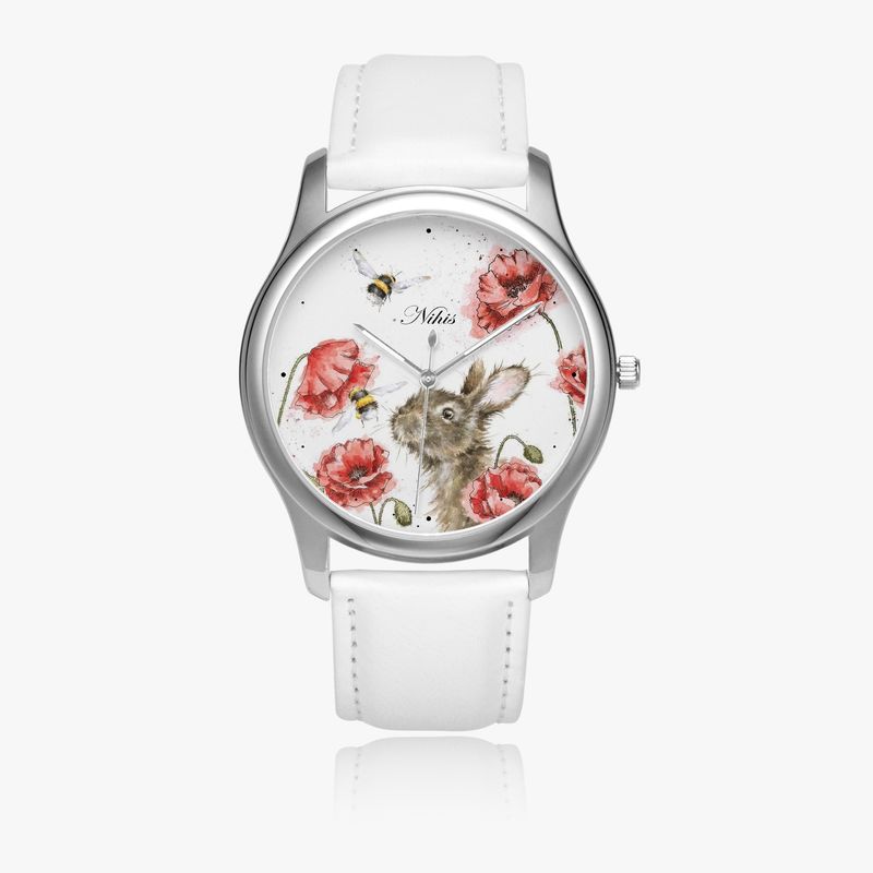 Rabbit with poppies leather wristwatch silver