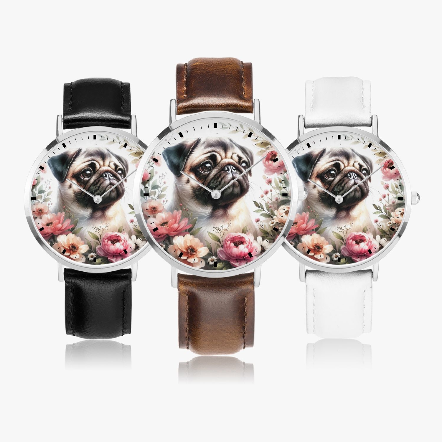 Floral Pug Leather Watch Silver