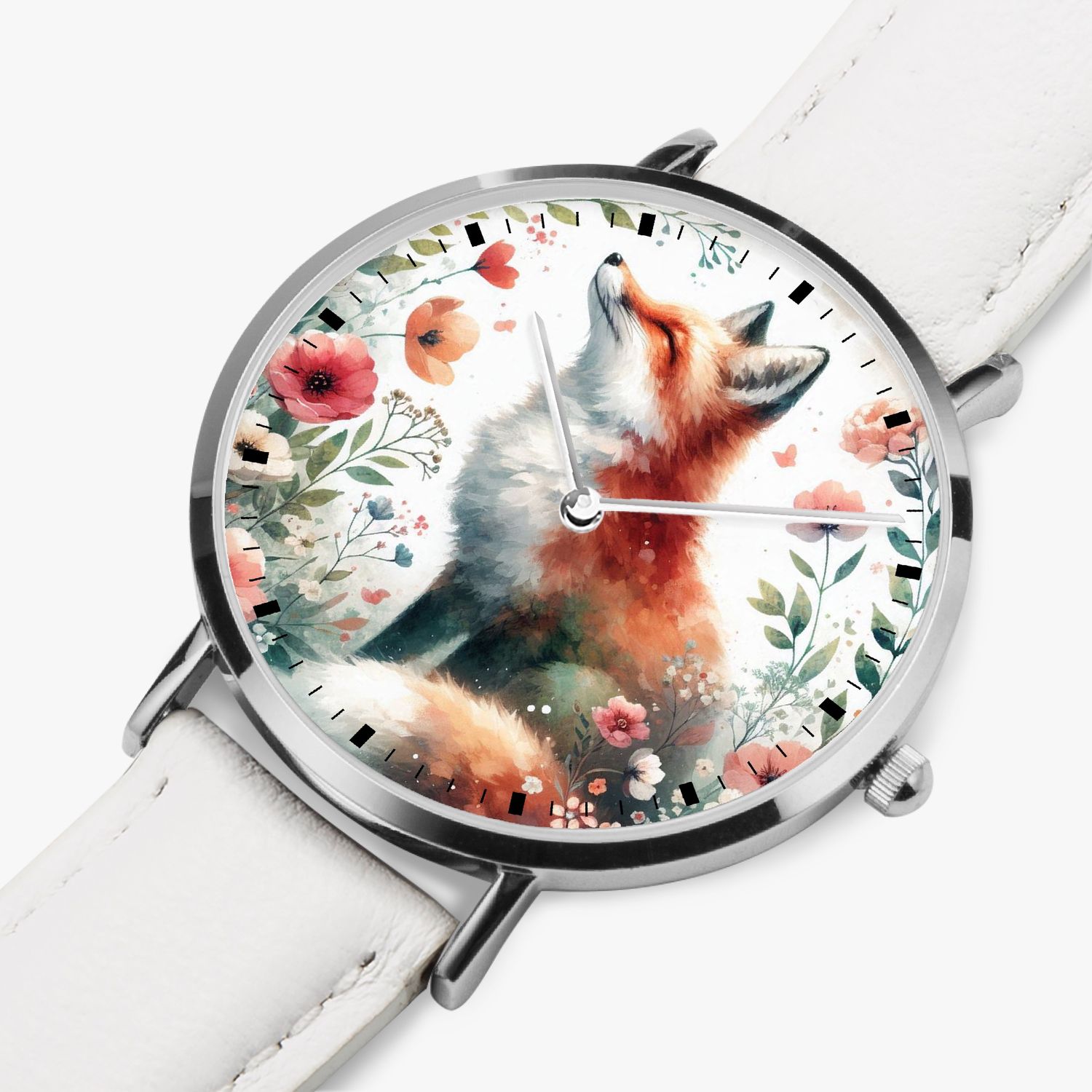 Floral Fox Leather Watch Silver