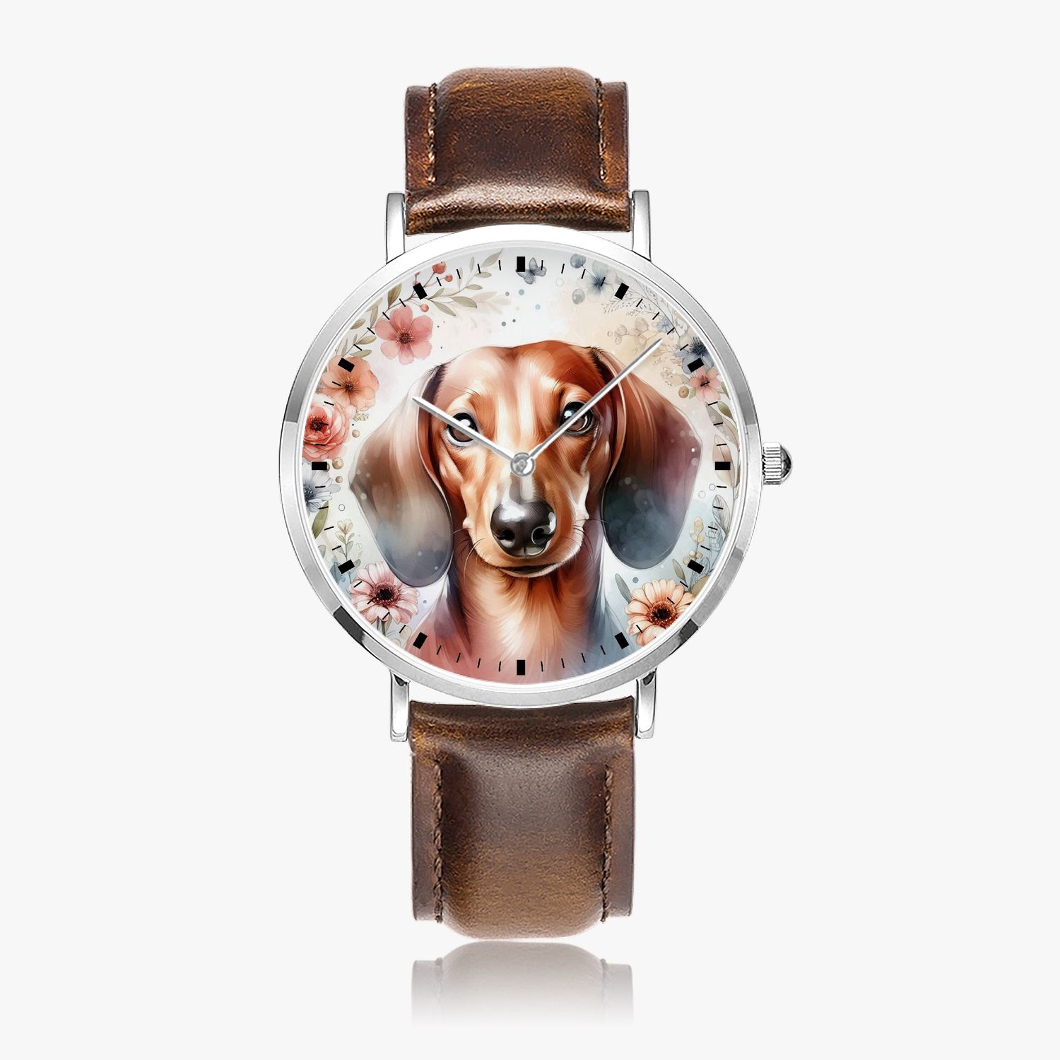 Floral Dachshund Leather Watch Silver